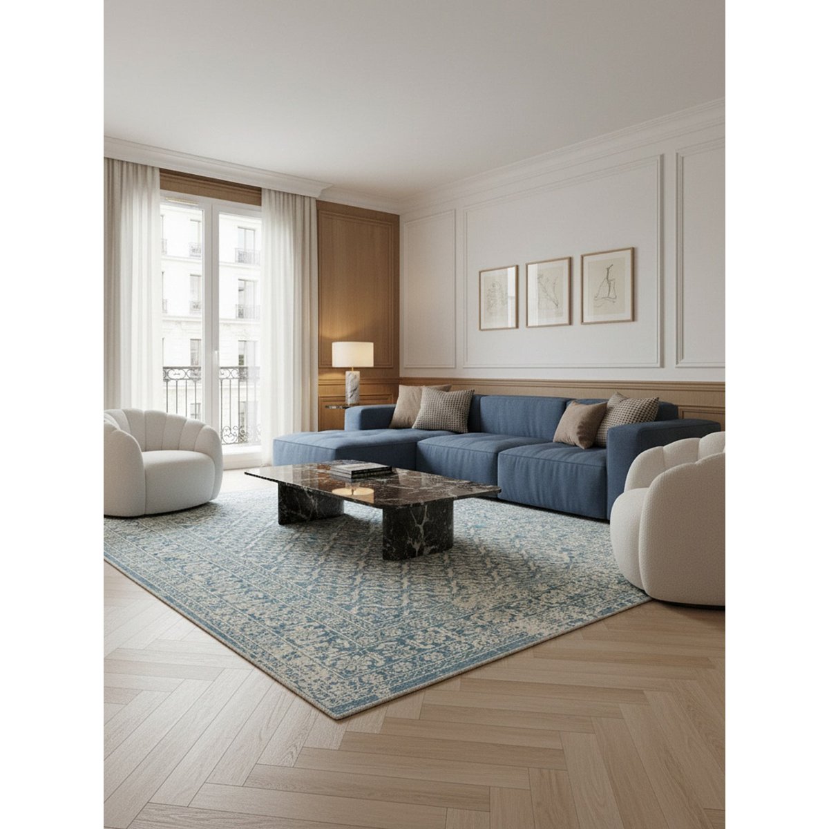 Tapis design de style vintage PALATINE bleu naturel, AFK LIVING
