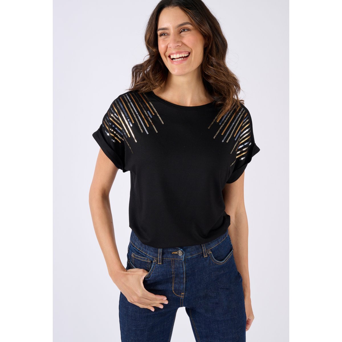 T-shirt maille jersey à sequins noir, DAMART
