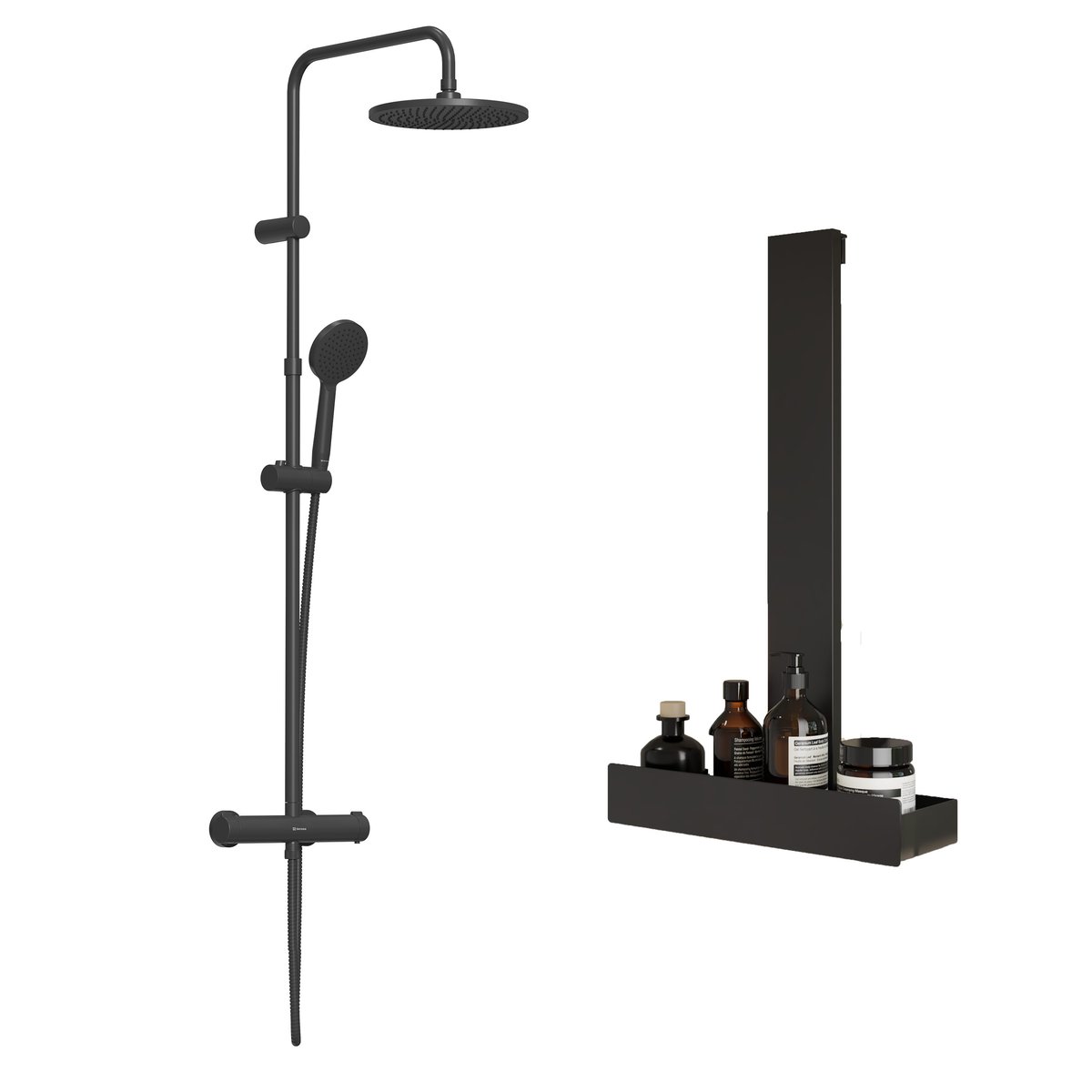 Colonne de douche thermostatique et étagère, ESSENTIAL noir, SENSEA