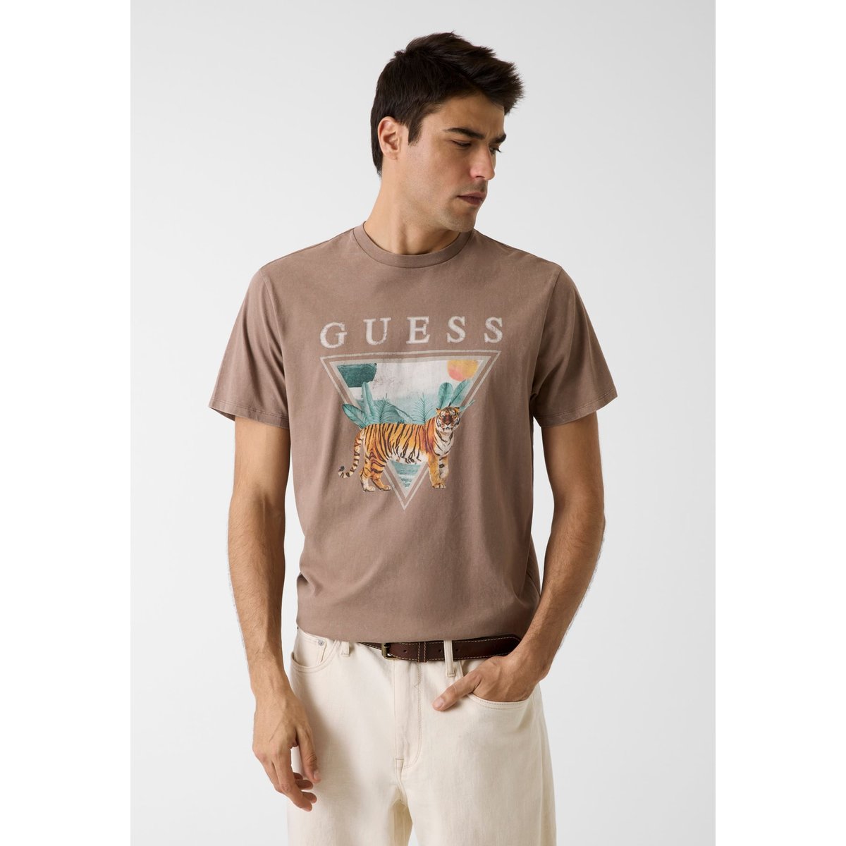 T-Shirt Avec Logo Imprimé marron claire, GUESS