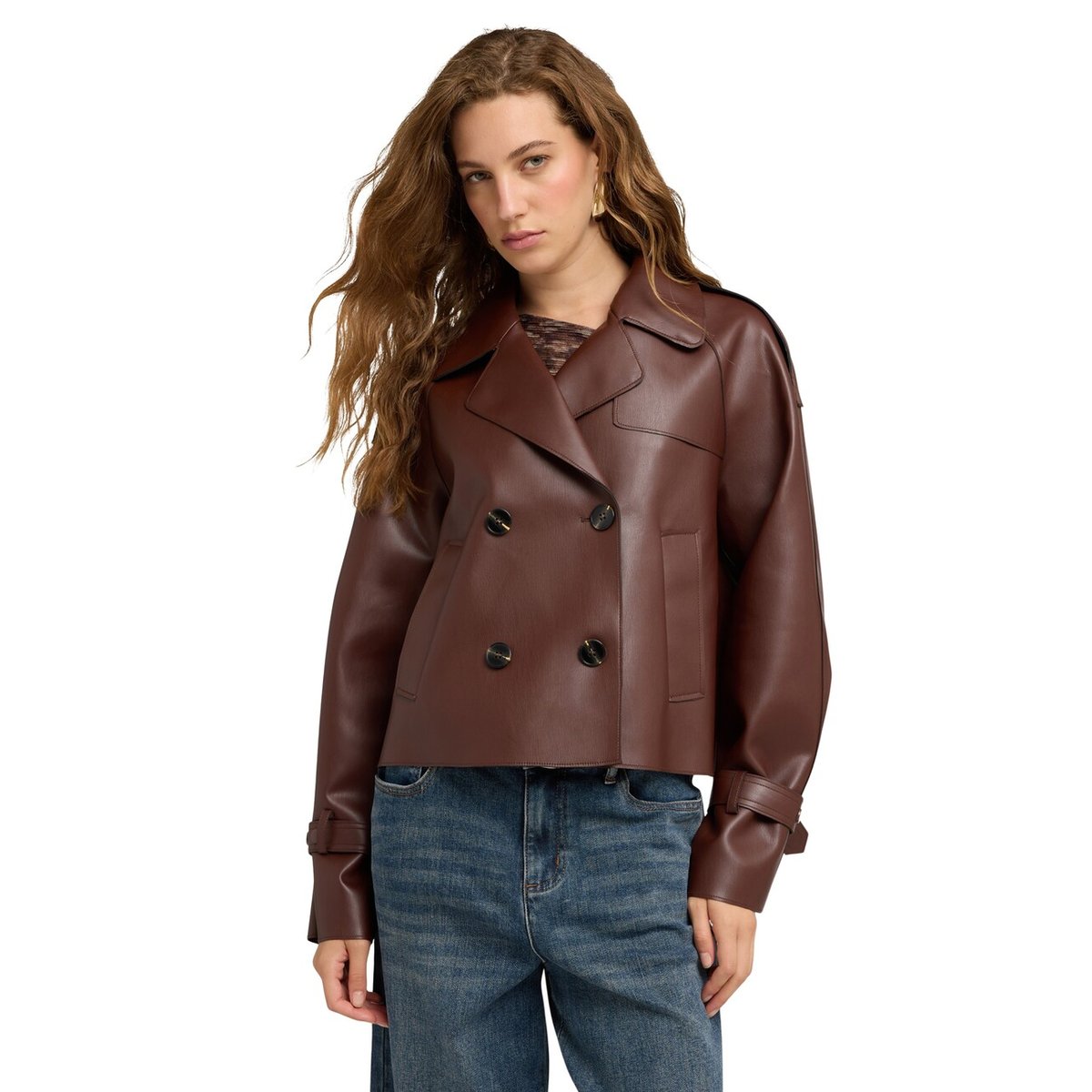 Trench court double boutonnage avec pattes d'épaule marron, MOTIVI