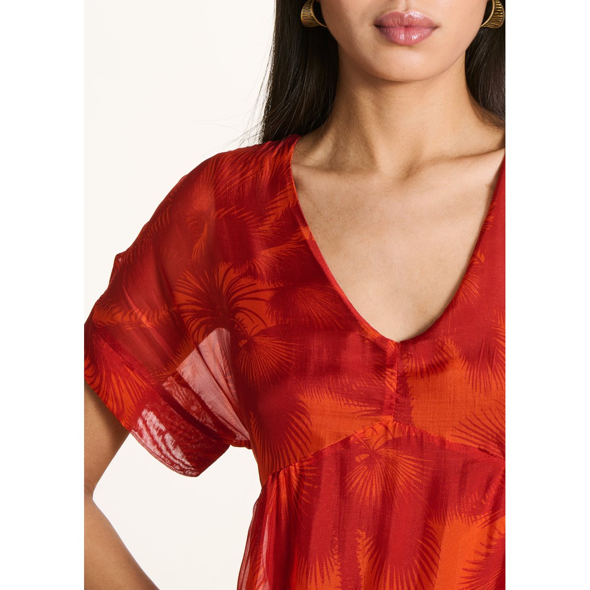 Robe longue en voile à imprimé fleuri orange, LA FEE MARABOUTEE
