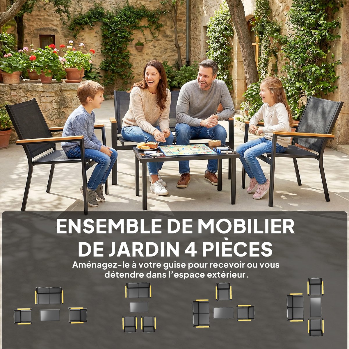 Ensemble de canapés de jardin Acier Noir noir, OUTSUNNY