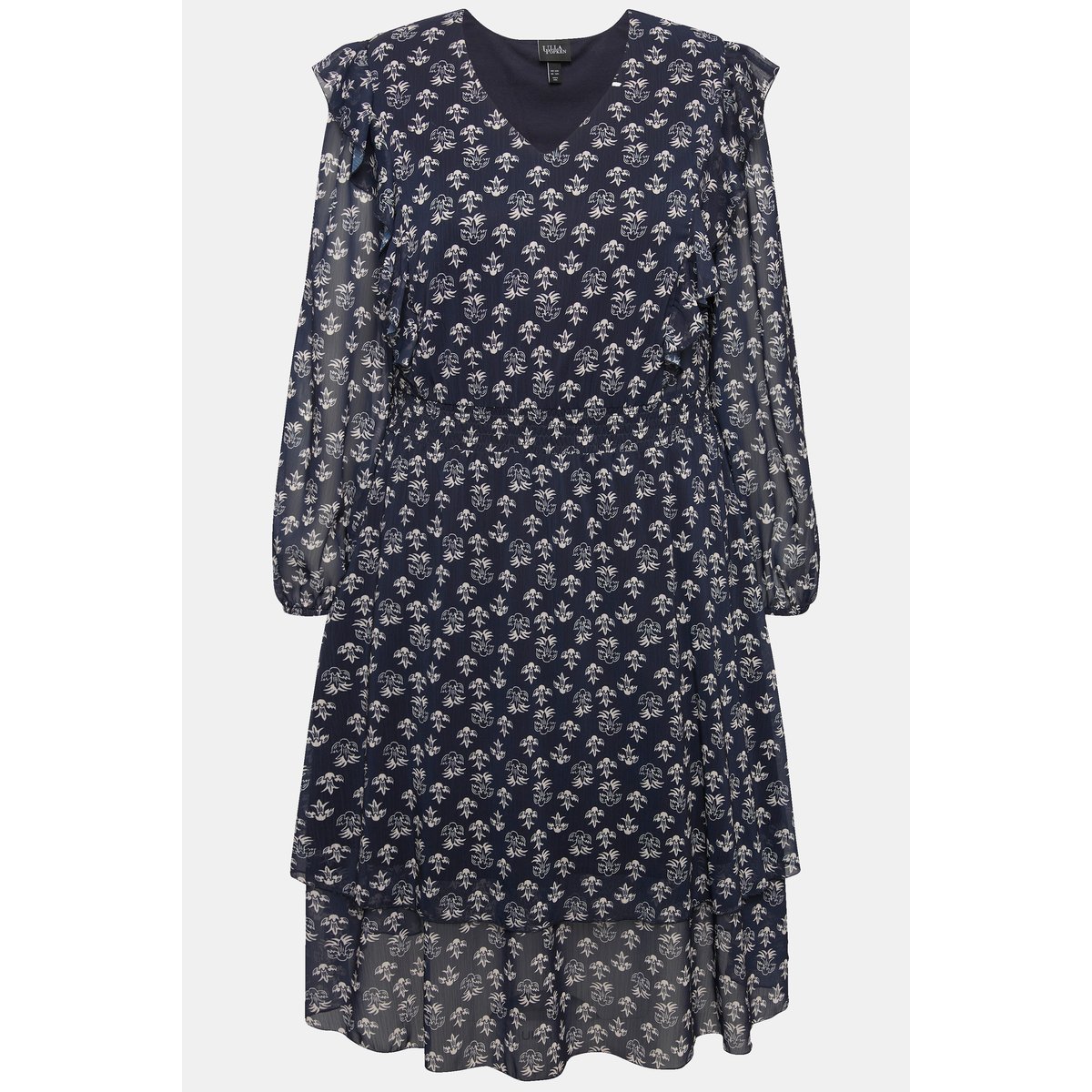 Robe doublée avec ruchés. Décolleté en V marine, ULLA POPKEN