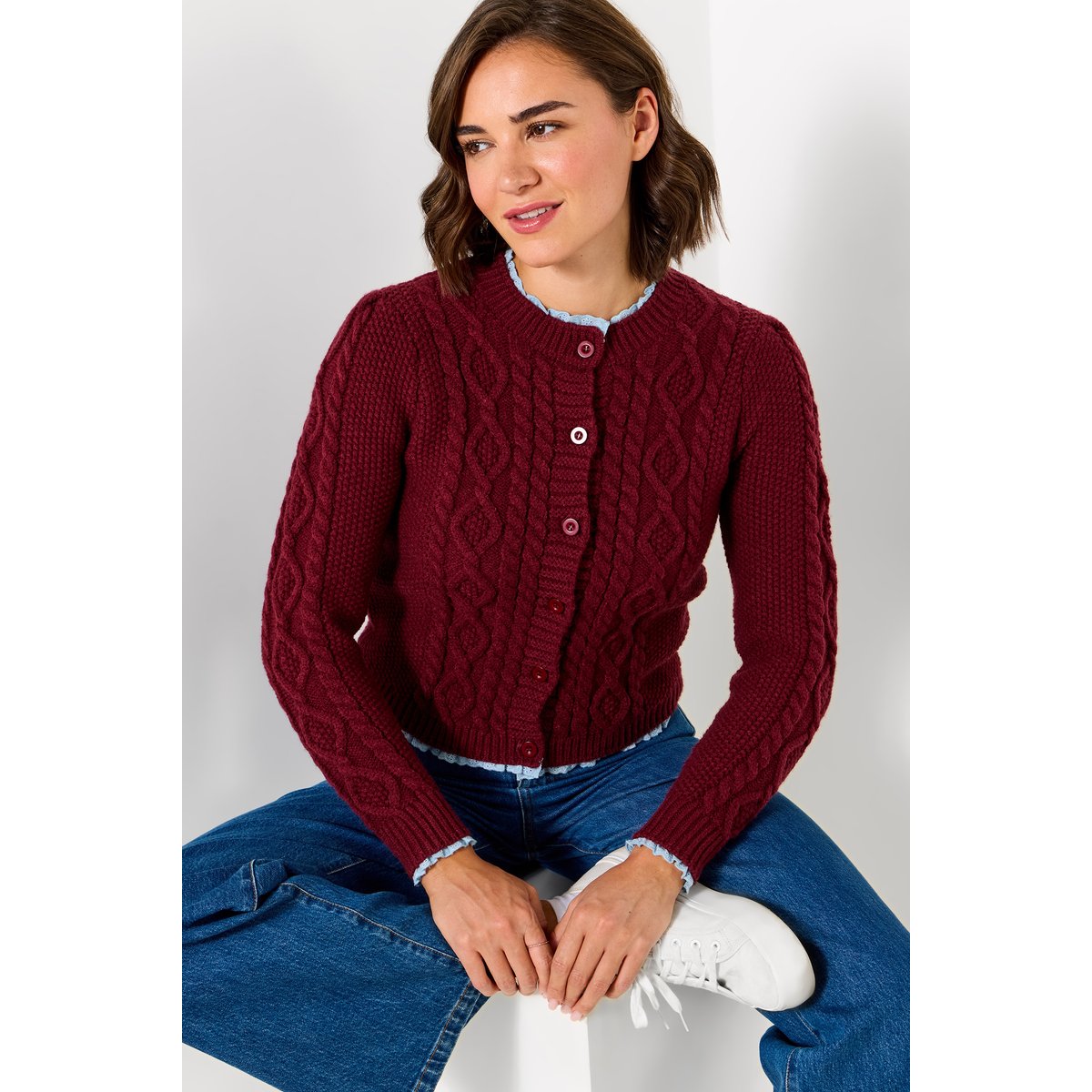 Cardigan en Maille Torsadée à Bordure Tissée Trinnie violet, JOE BROWNS