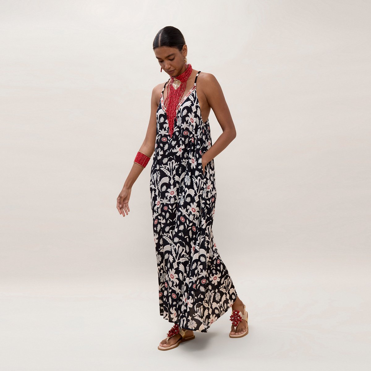 Robe longue imprimée à fines bretelles noir, LOLA CASADEMUNT