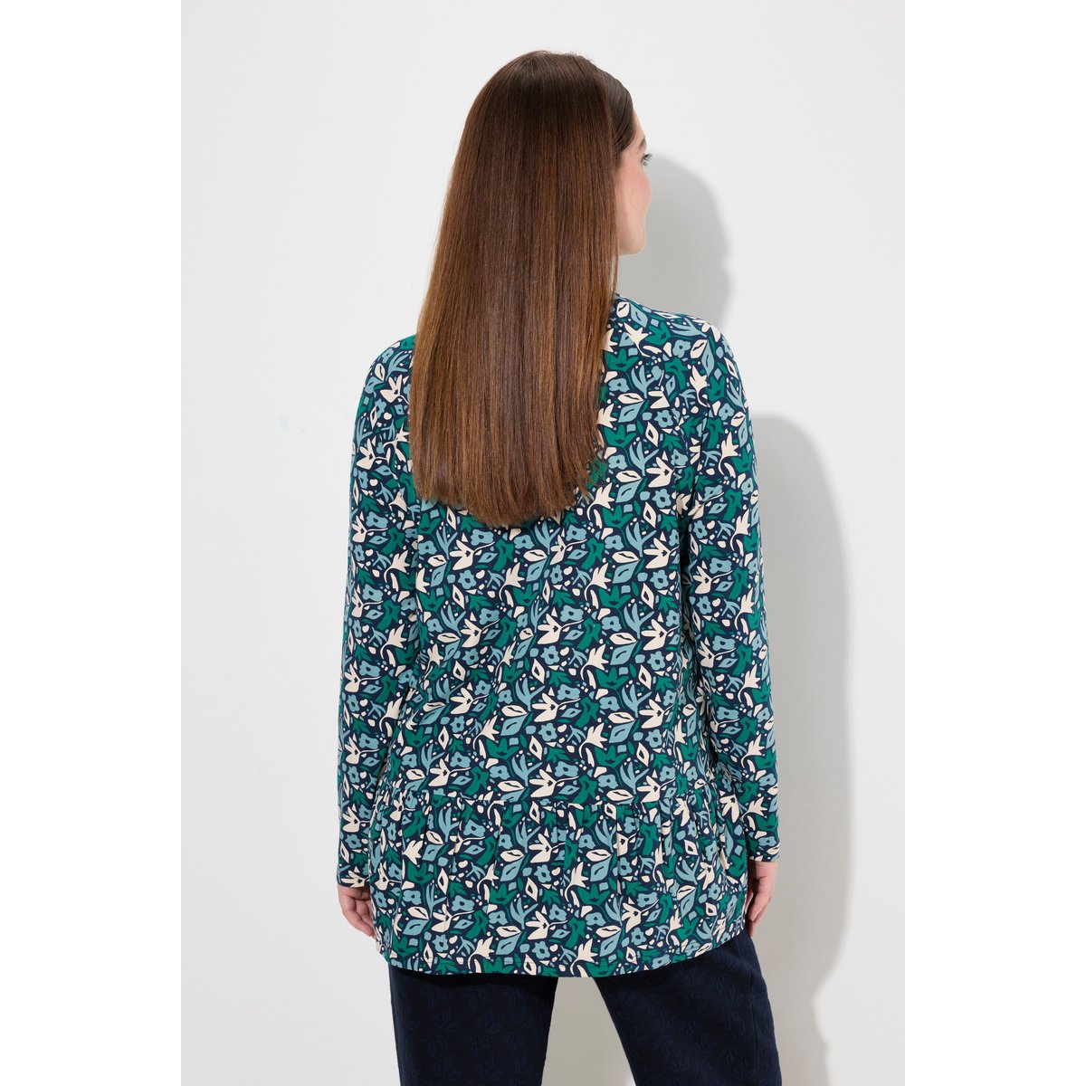T-shirt long en coton bio motif à fleurs marine, ULLA POPKEN