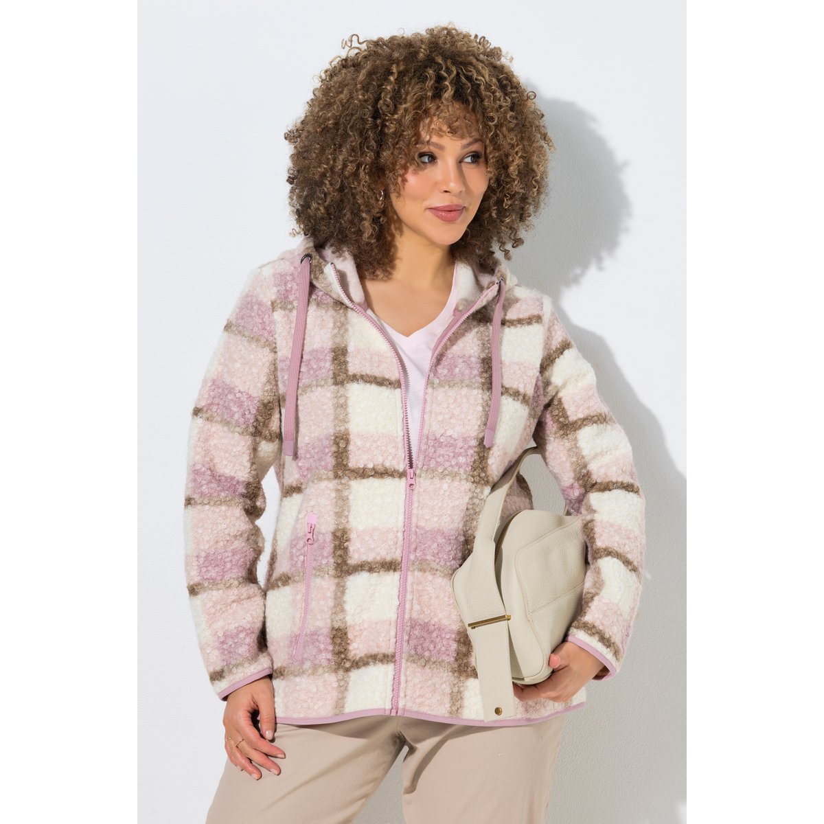 Veste longue en polaire bouclée rose tendre, ULLA POPKEN