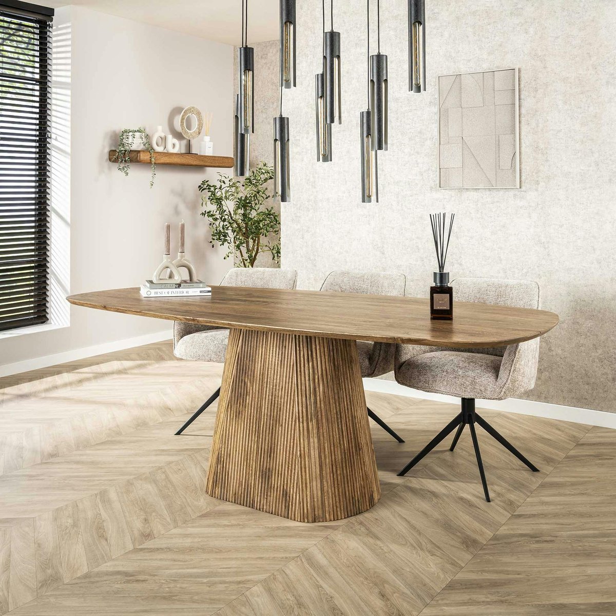 Table à manger rectangulaire avec pied central rainuré en bois de manguier 215 cm CREEK bois naturel, PIER IMPORT
