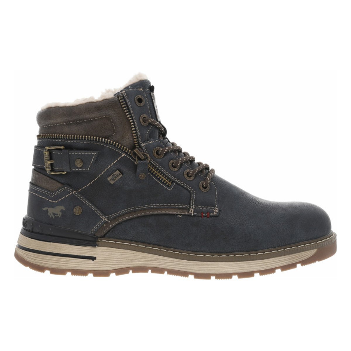 Bottines bleu marine à talon plat avec un zip et des lacets ronds bleu marine, MUSTANG