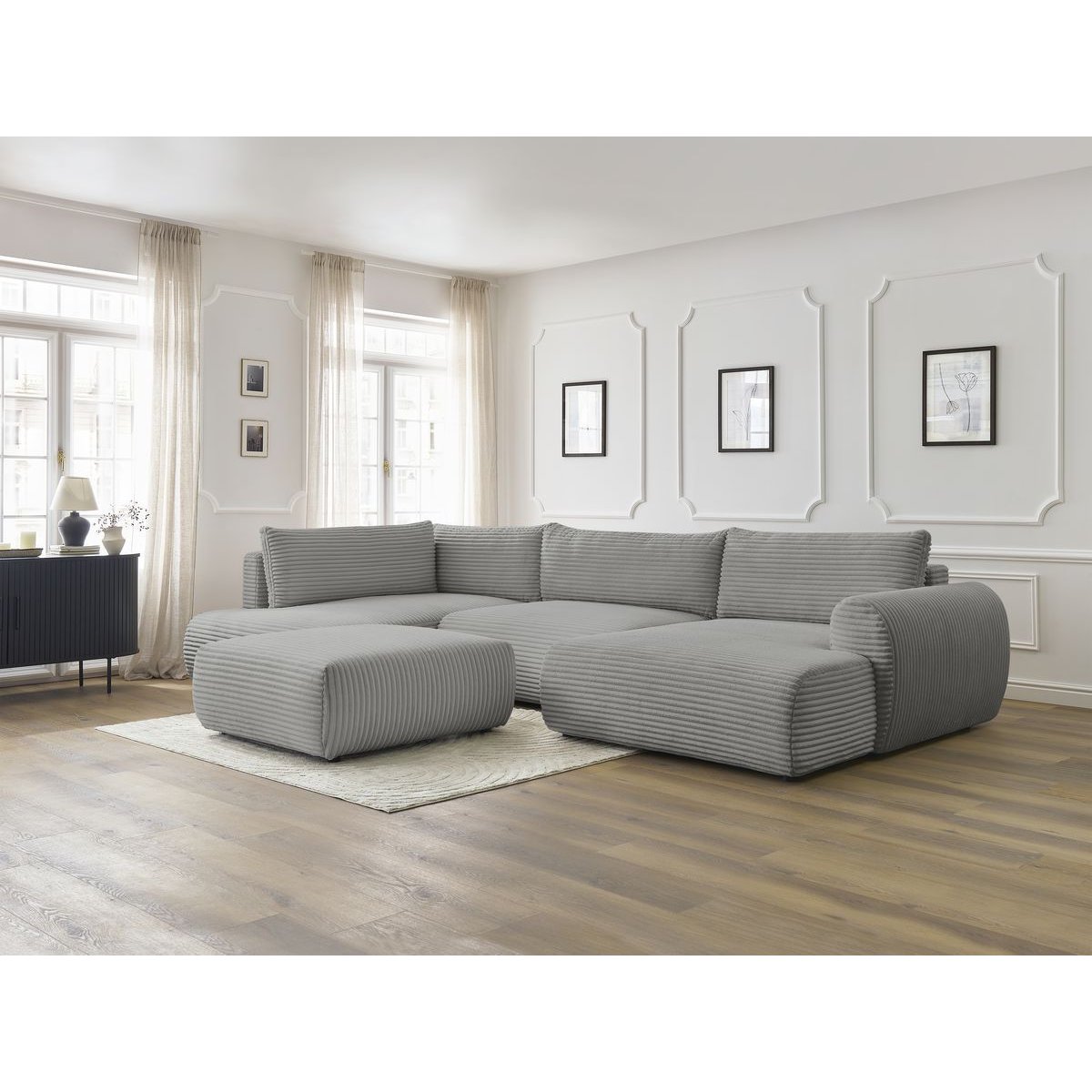 Canapé panoramique convertible 6 places en gros côtelé doux avec pouf, LUCIEN gris foncé, BOBOCHIC