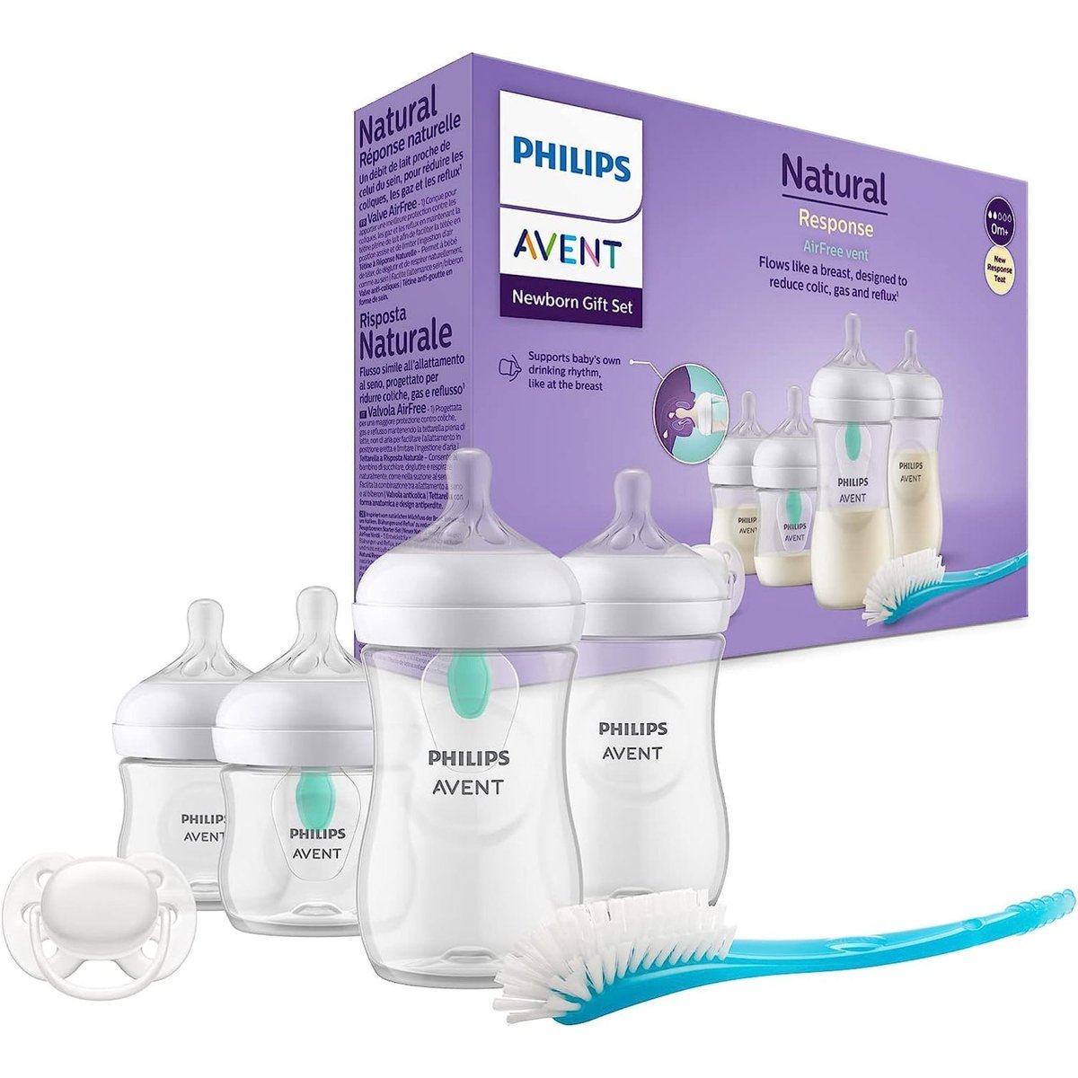 Coffret de 4 biberons + 1 sucette ultra-douce 0-6 mois + 1 goupillon couleur unique, PHILIPS AVENT