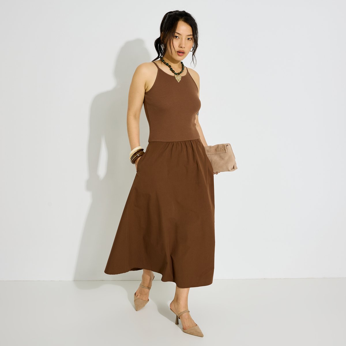 Robe longue bi-matière à fines bretelles marron, GRAIN DE MALICE