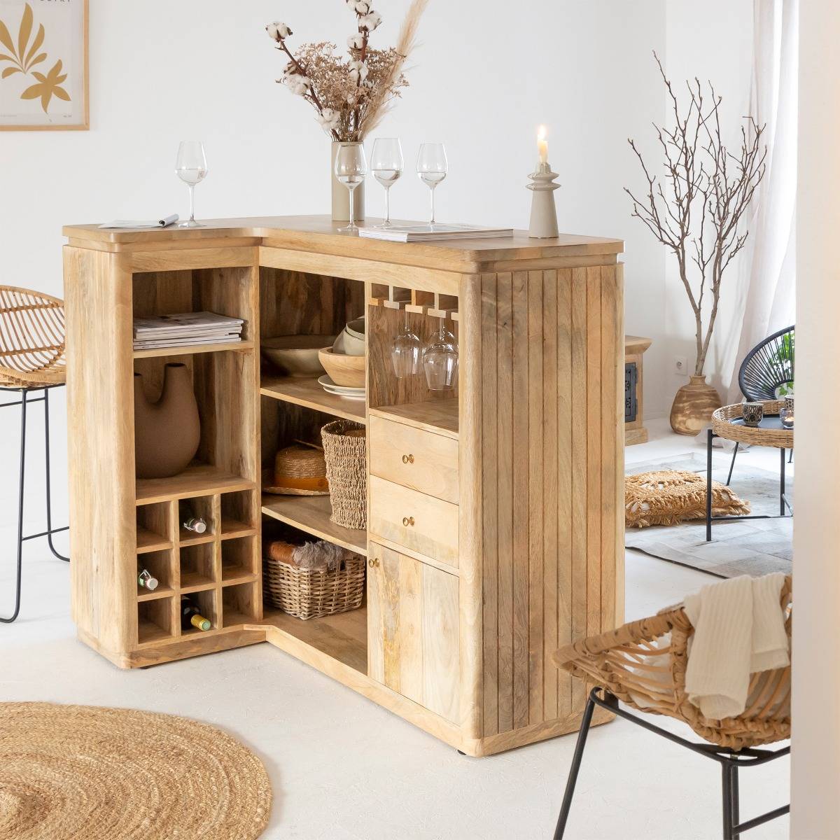 Meuble bar en angle bois de manguier LOU bois clair, MADE IN MEUBLES