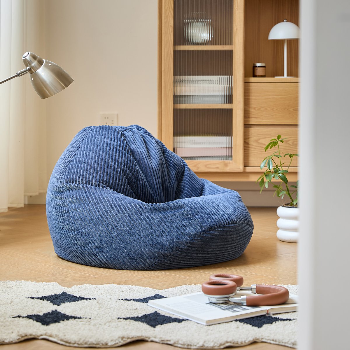 Pouf de salon, velours côtelé, FLOBY bleu, NORDLYS
