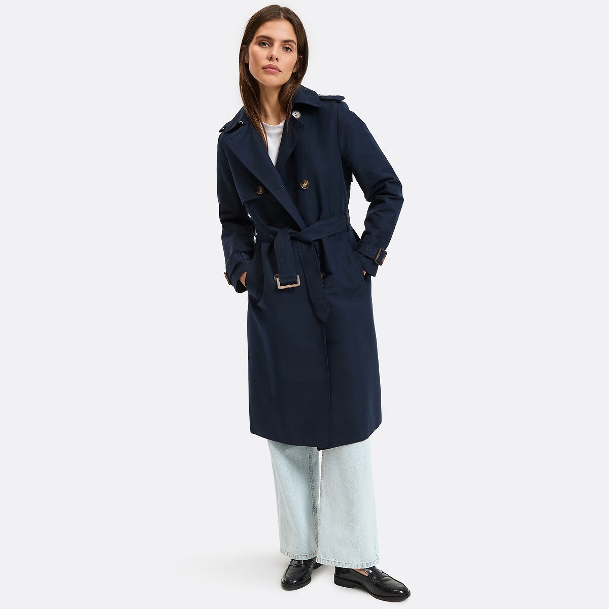 Double-Breasted Trench Coat navy blue, LA REDOUTE COLLECTIONS