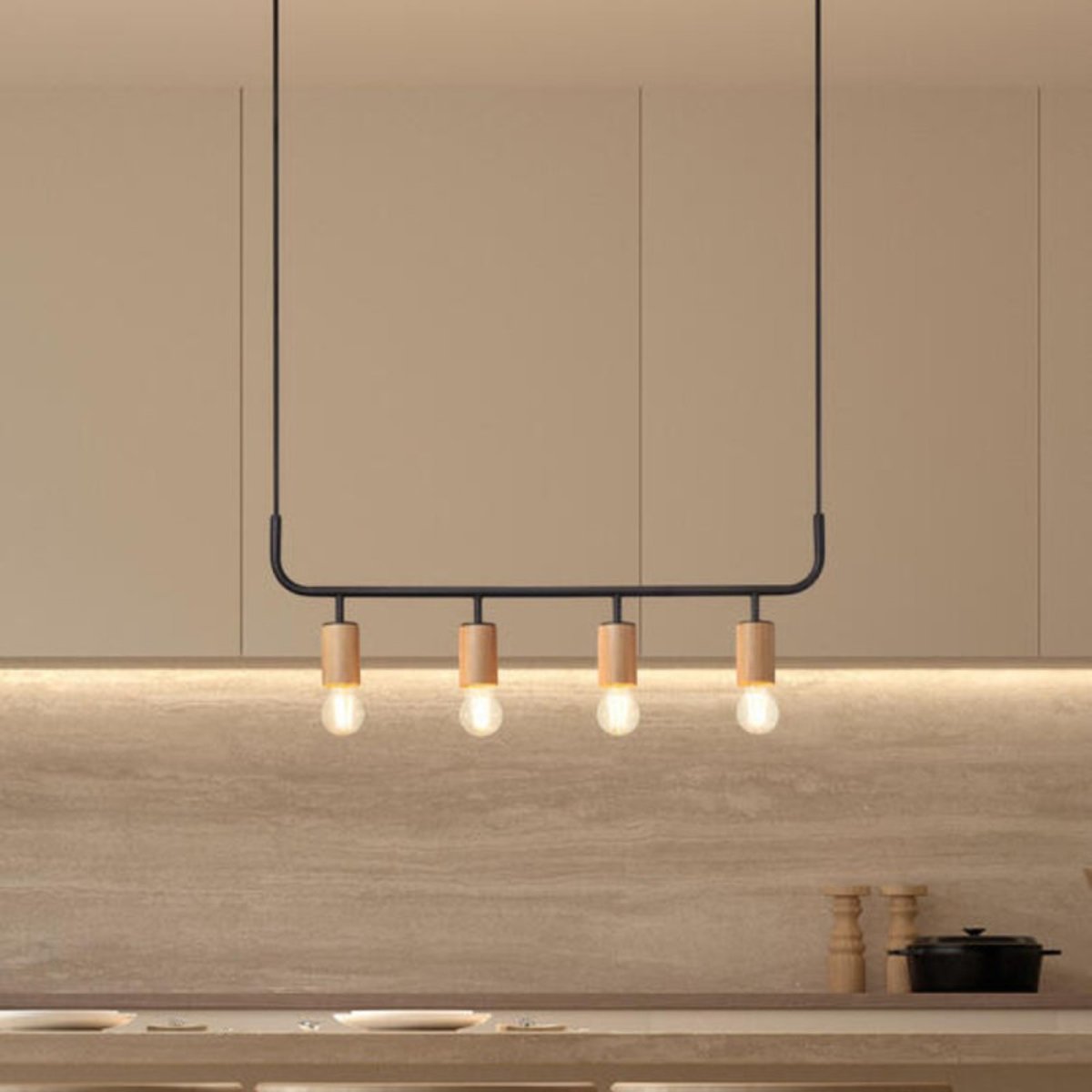 Suspension horizontale 4 lampes bois clair Copa beige, MILLUMINE