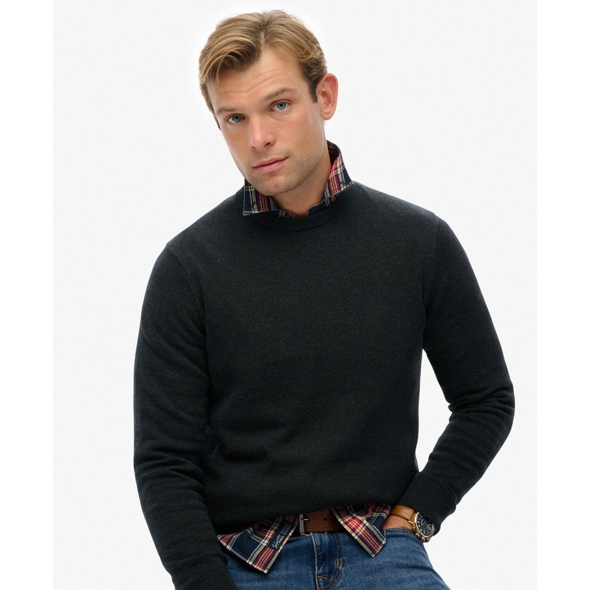 Pull en Coton Essentials anthracite chiné, SUPERDRY
