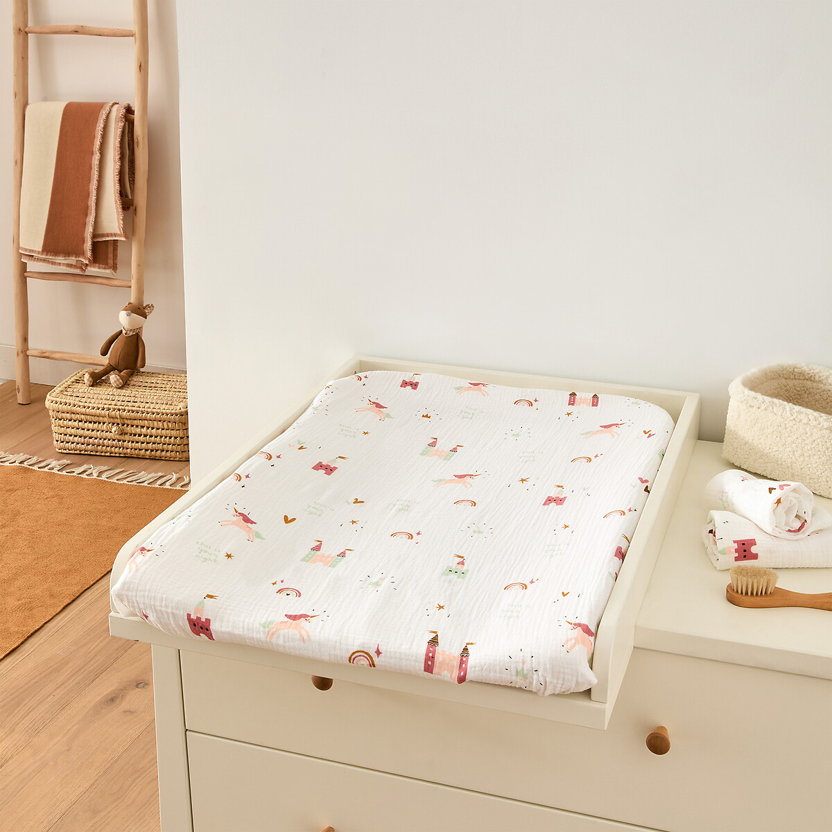 Lot de 2 housses de matelas à langer, en gaze de coton, CHATEAU LICORNE imprimé, LA REDOUTE INTERIEURS