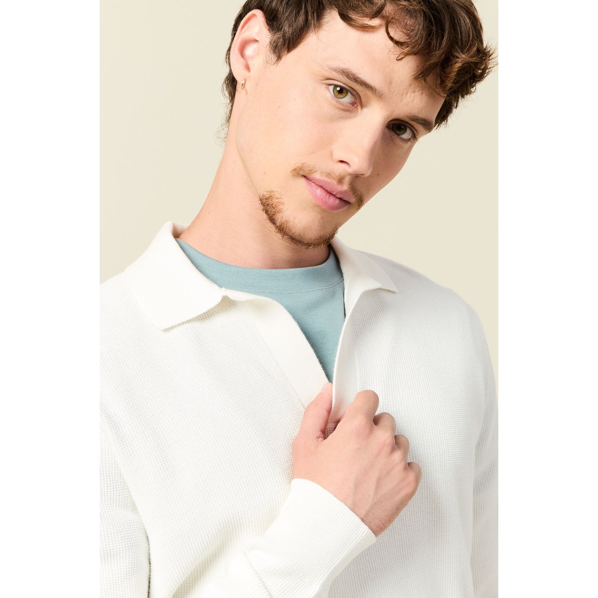 Pull droit col polo manches longues ecru, BONOBO