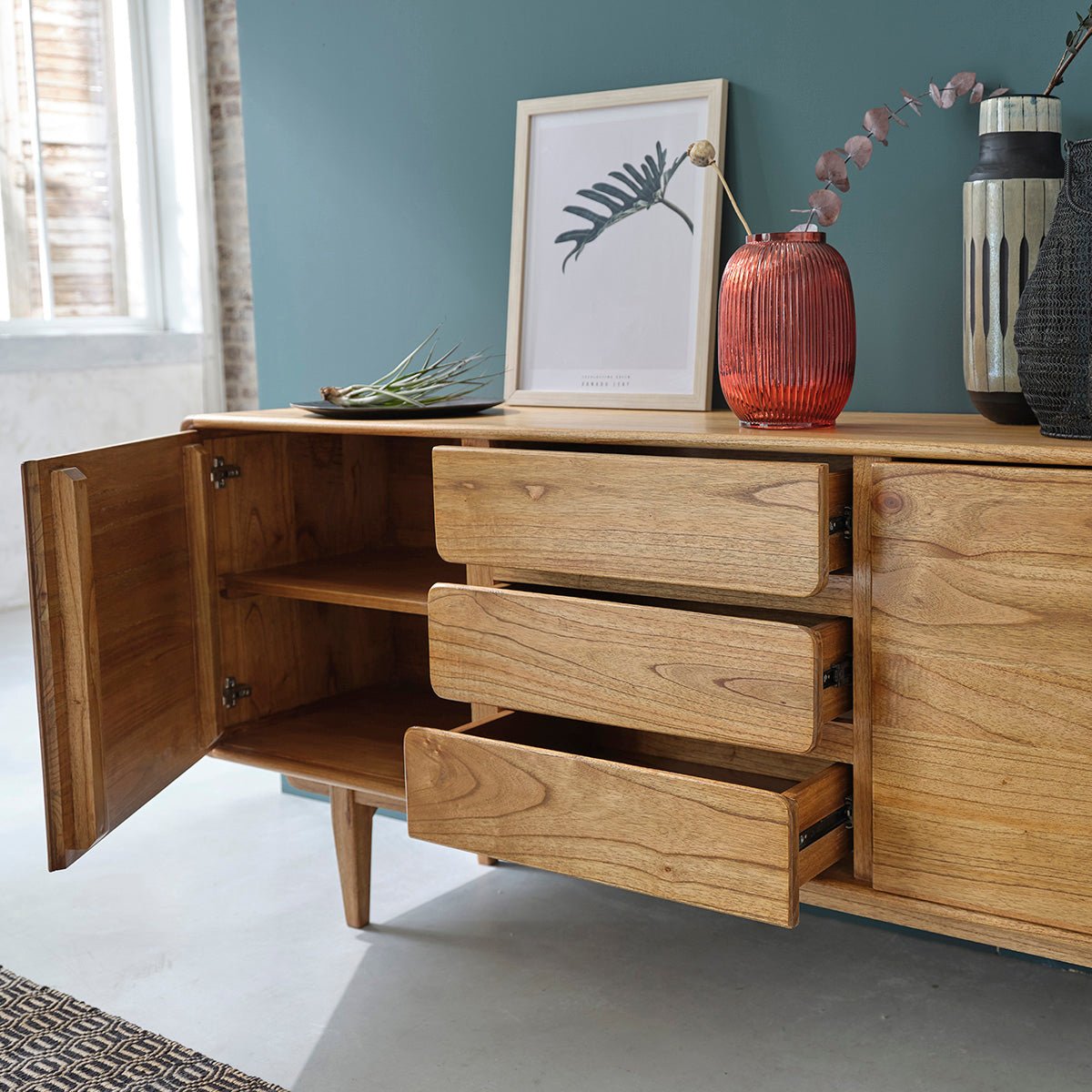 Commode en bois massif 180 cm 3 tiroirs 2 portes LISON naturel, BERAH GETAH