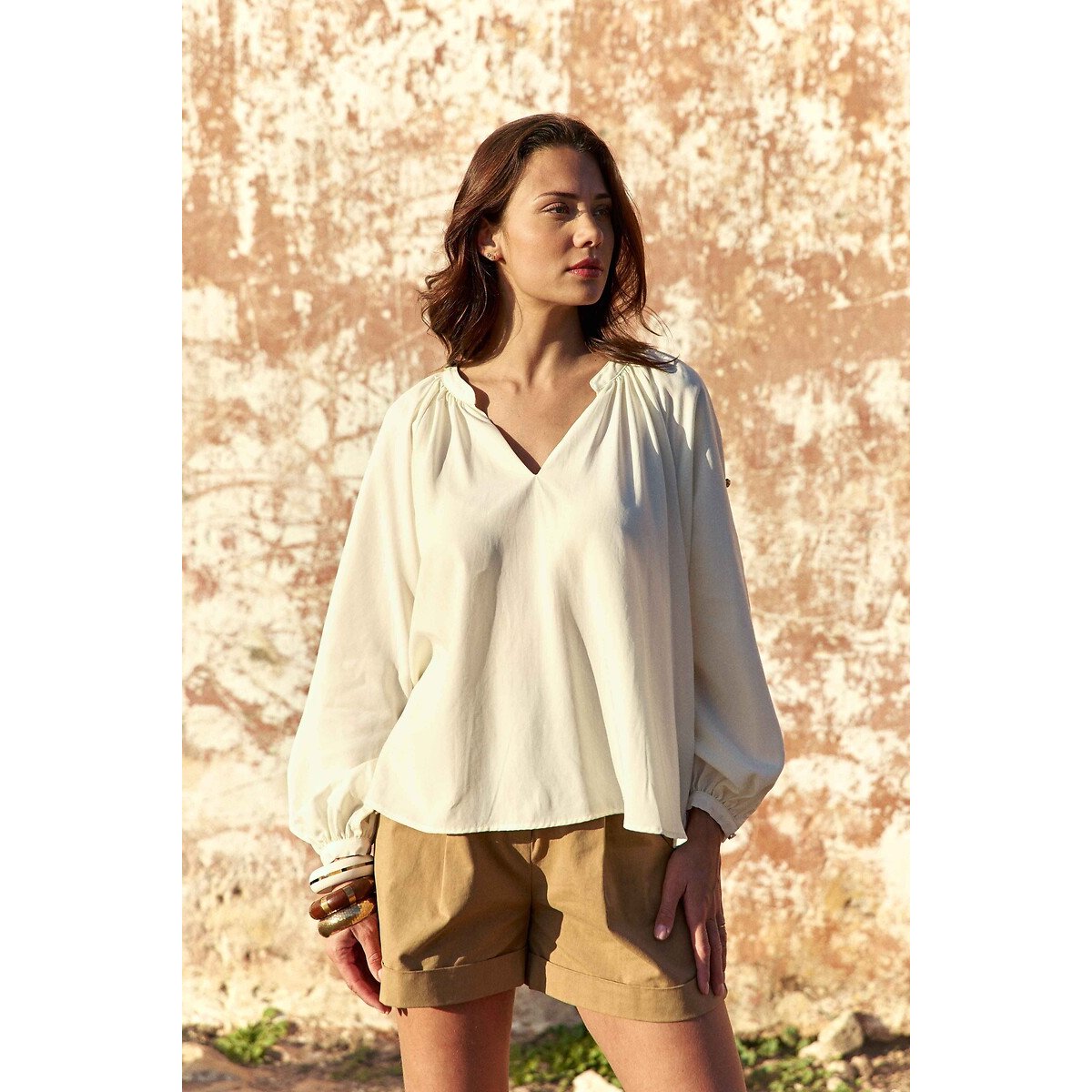 Blouse col V à manches boutonnées, BONNIE ecru, LA PETITE ETOILE