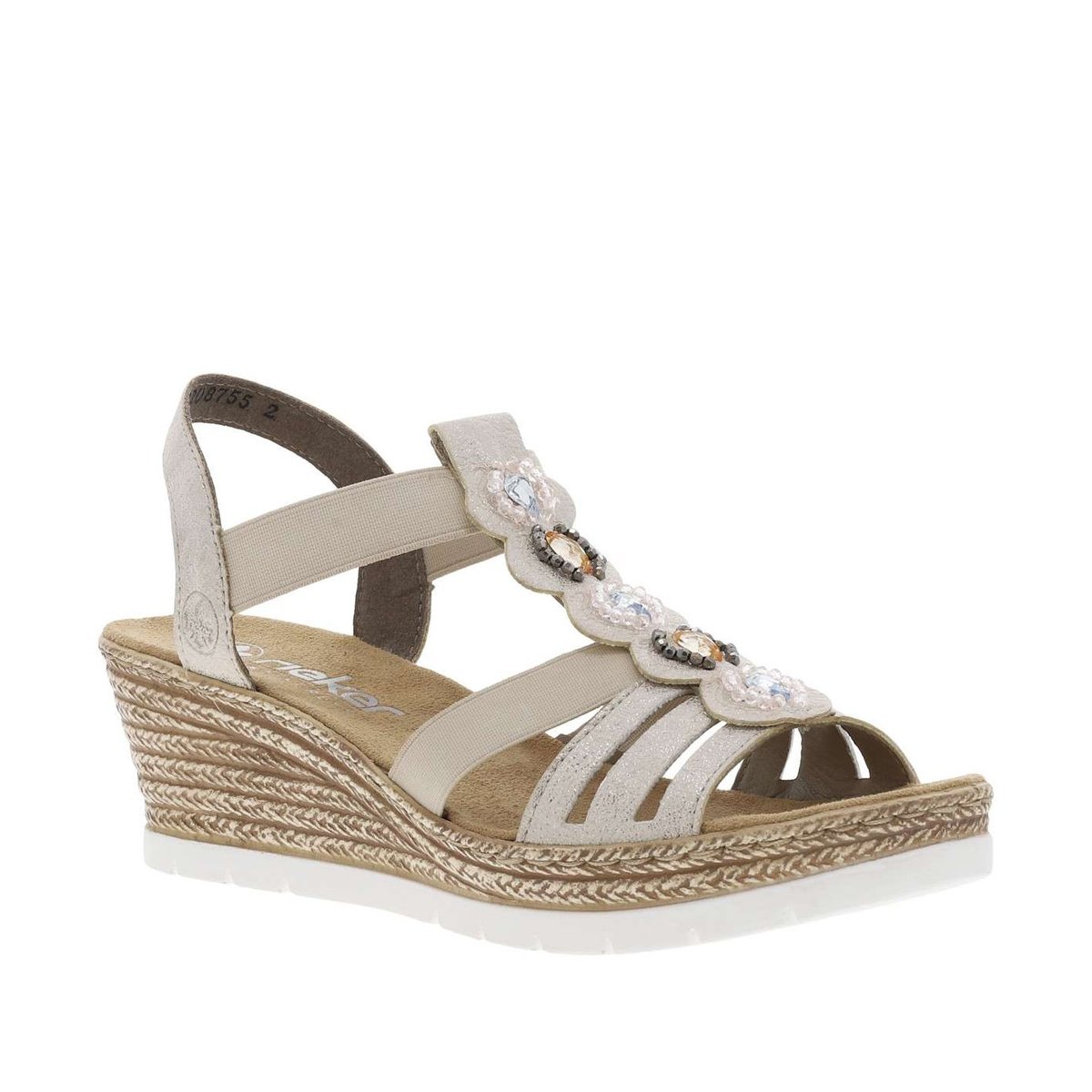 Sandales beiges avec une tige élastiquée à perles et à talon compensé beige, RIEKER