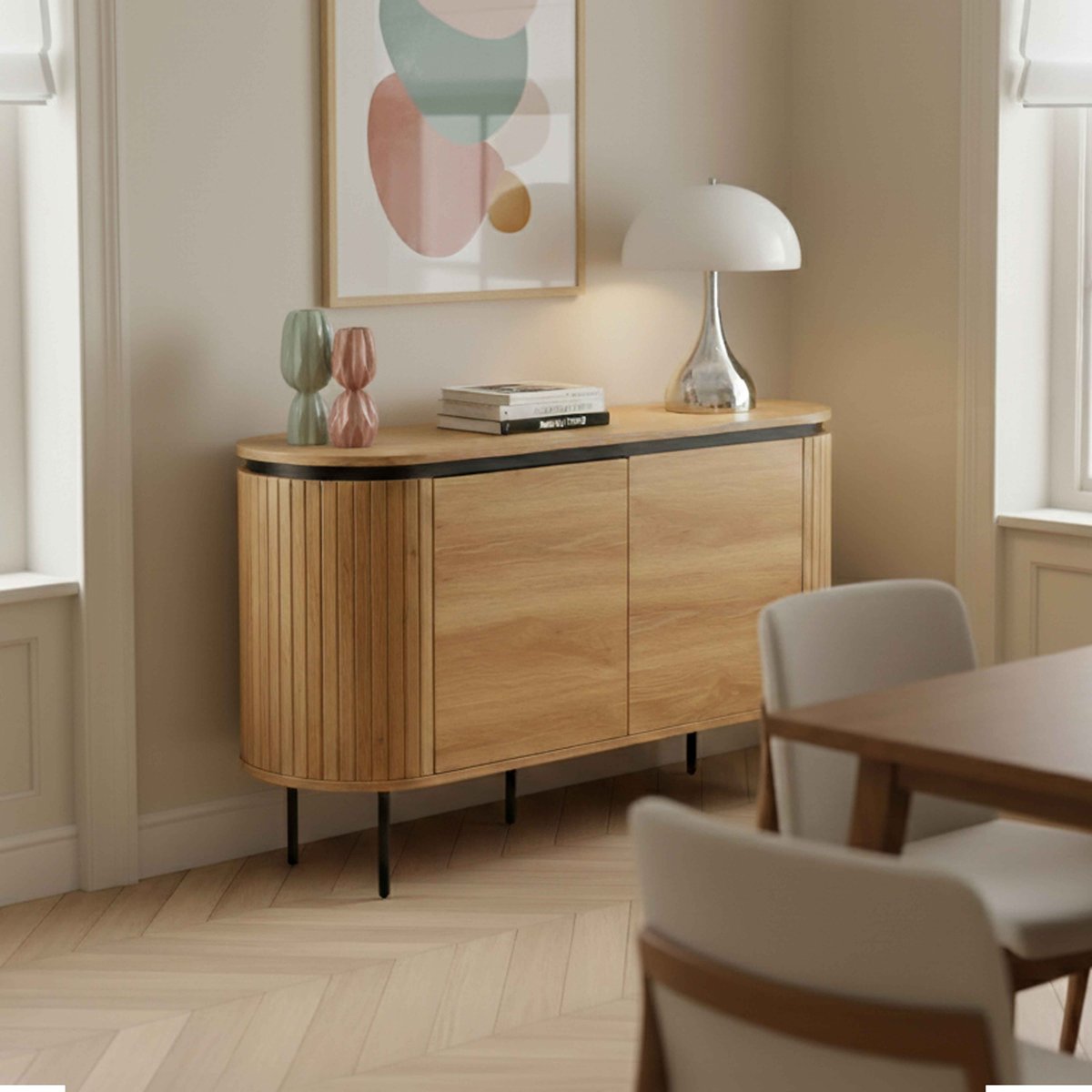 Buffet en mélaminé 2 portes 120 cm, HEMERA bois clair, OVIALA