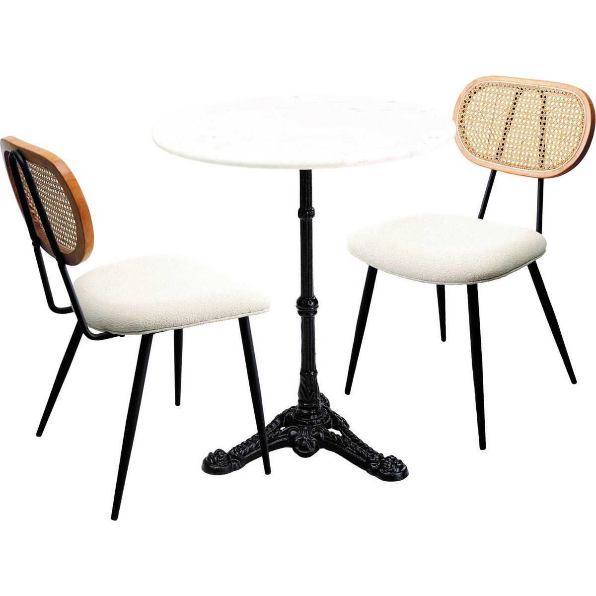 Ensemble table et 2 chaises en polyester bouclé, BISTROT blanc, KARE DESIGN