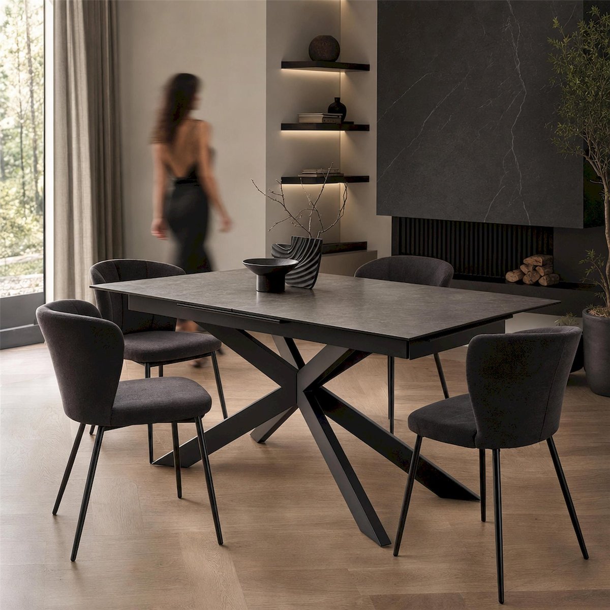 Table à manger extensible céramique SHIMESS noir effet béton, RECOLLECTION