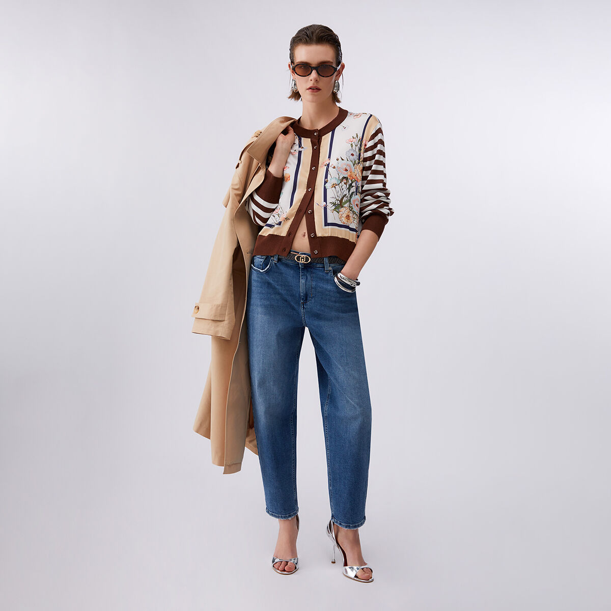Cardigan avec empiècement en sergé imprimé marron et blanc, LIU JO