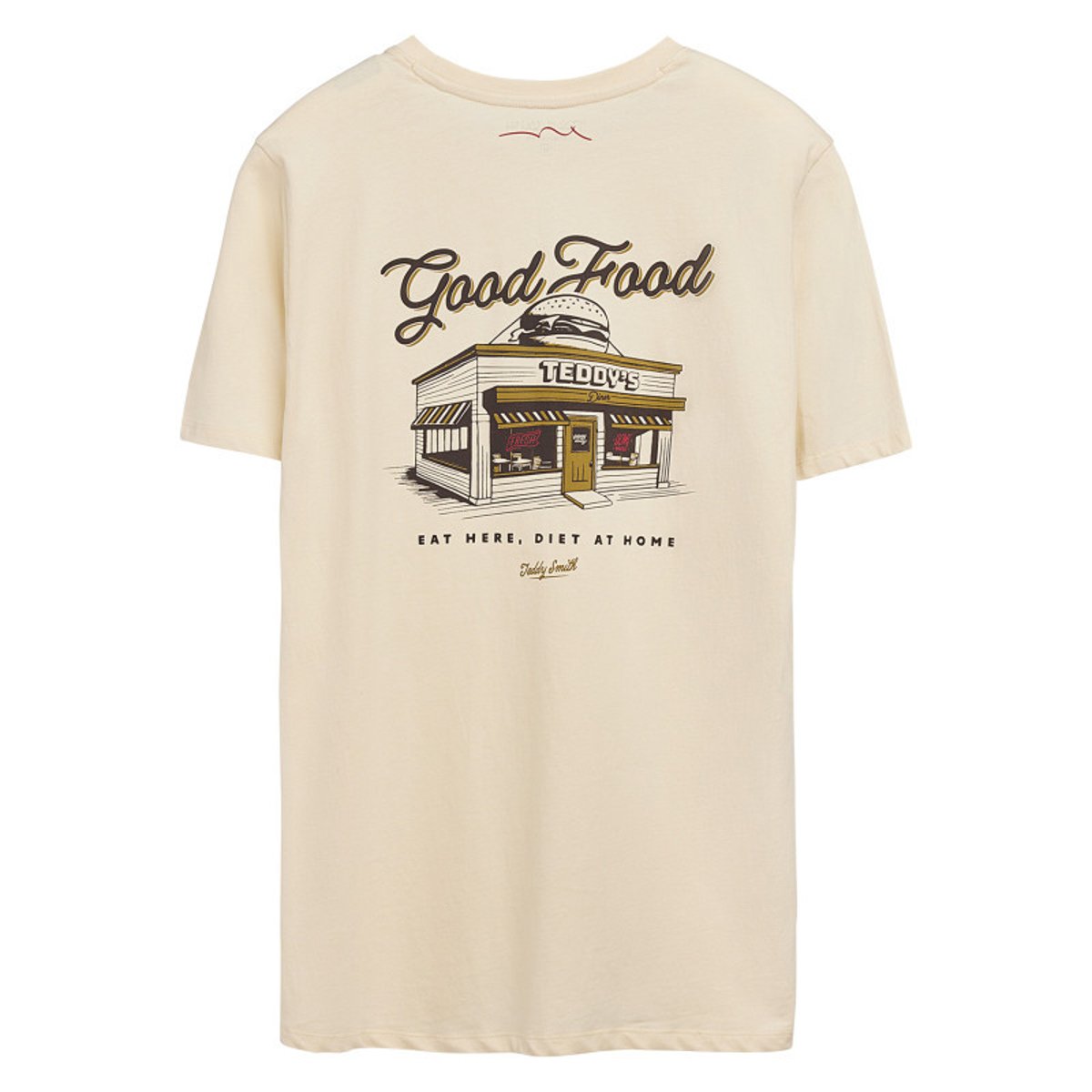 T-shirt en coton beige imprimé hamburger au dos et à la poitrine à col rond beige, TEDDY SMITH