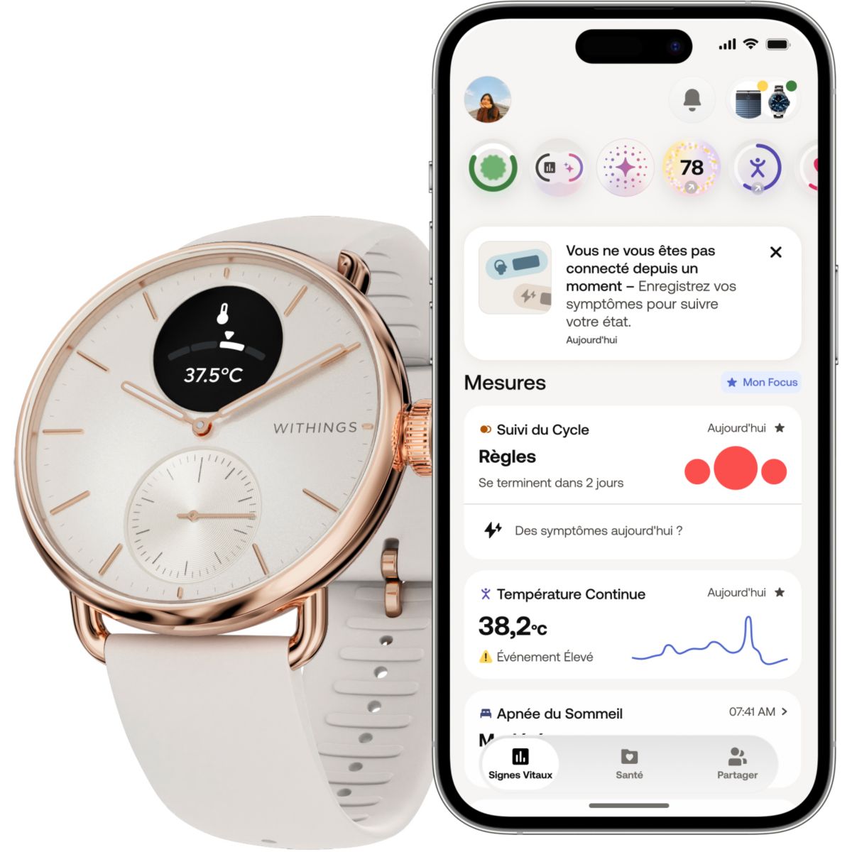 Montre santé ScanWatch 2 Rose Gold 38mm + bracelet milanese offert couleur unique, WITHINGS