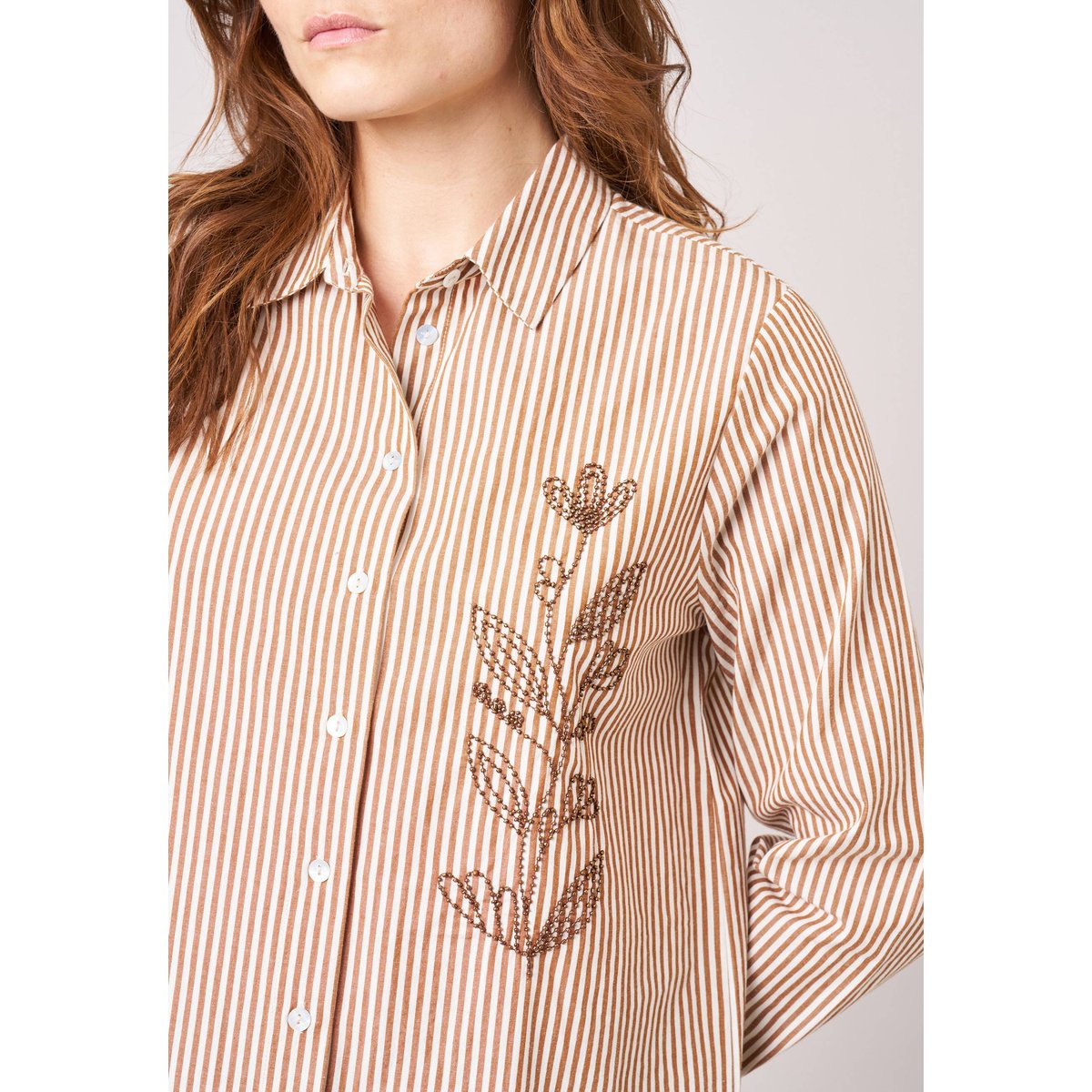 Chemise femme rayée brodée CHANTAL whisky, DEELUXE