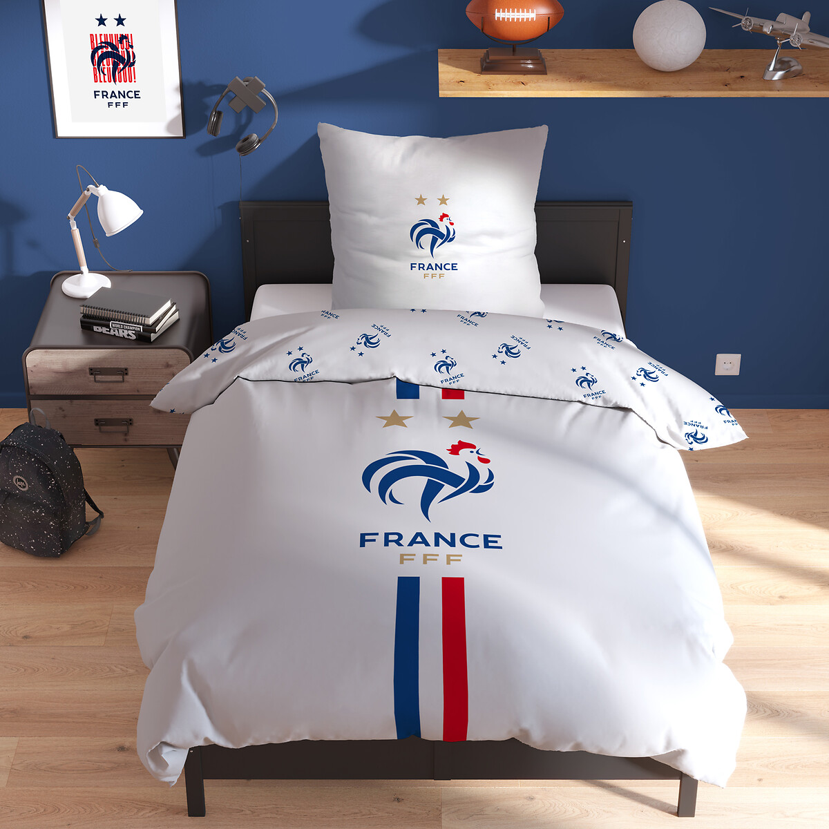 Parure de lit coton, FFF Equipe de France blanc imprimé, FFF