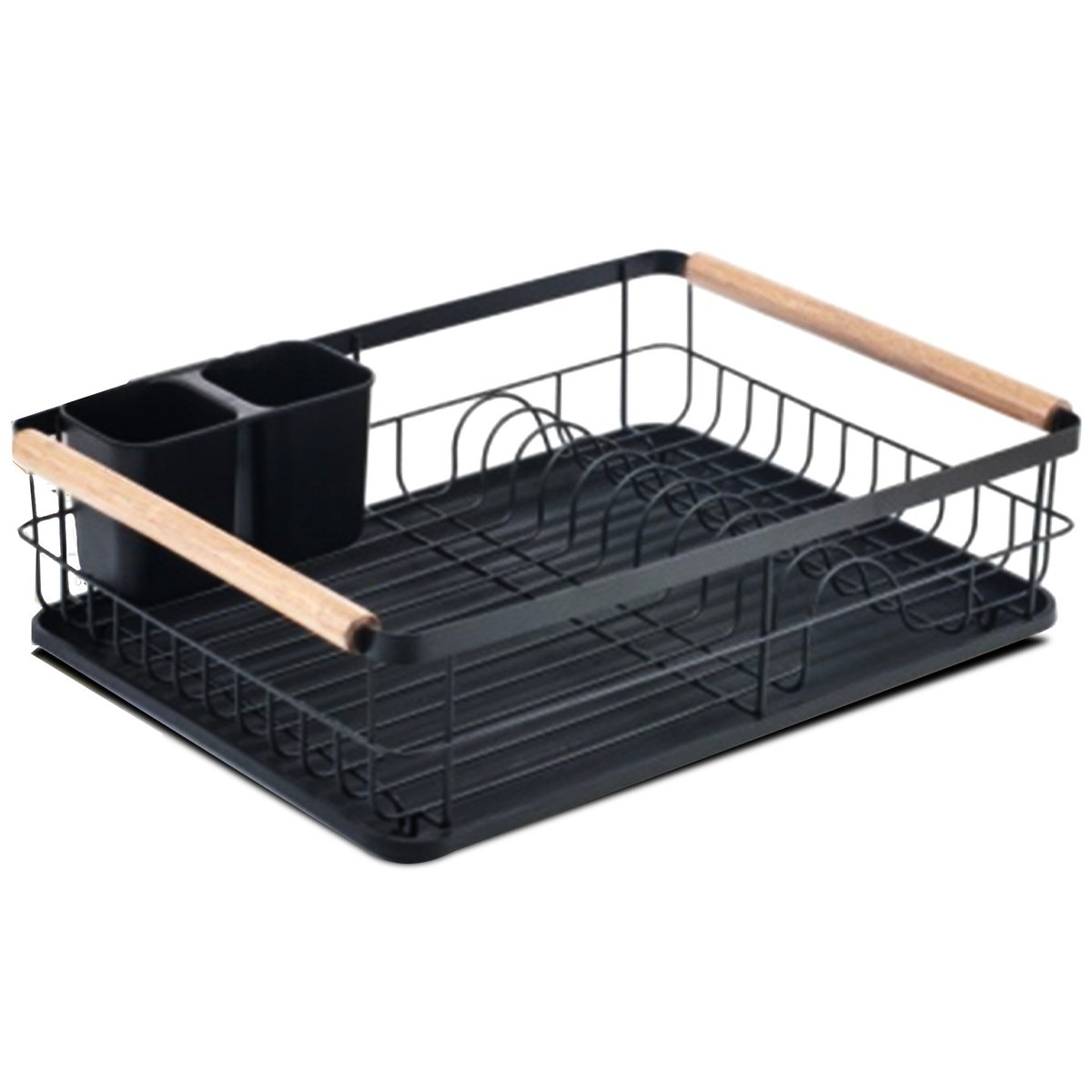 Égouttoir à vaisselle noir et bois avec porte-couverts noir, WADIGA
