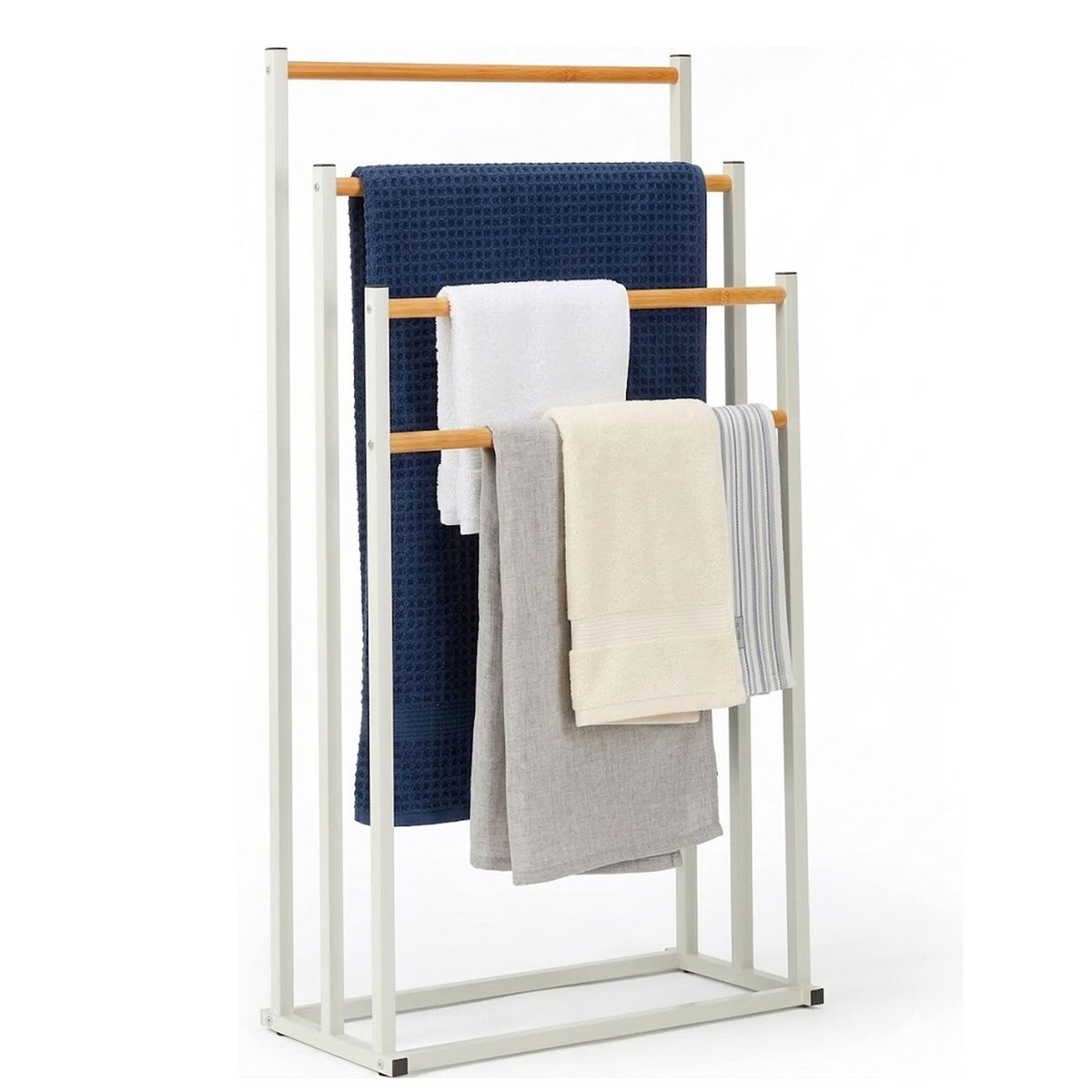Porte-serviettes sur pied en métal blanc et bambou 3 Bras 45x23x85cm blanc, WADIGA