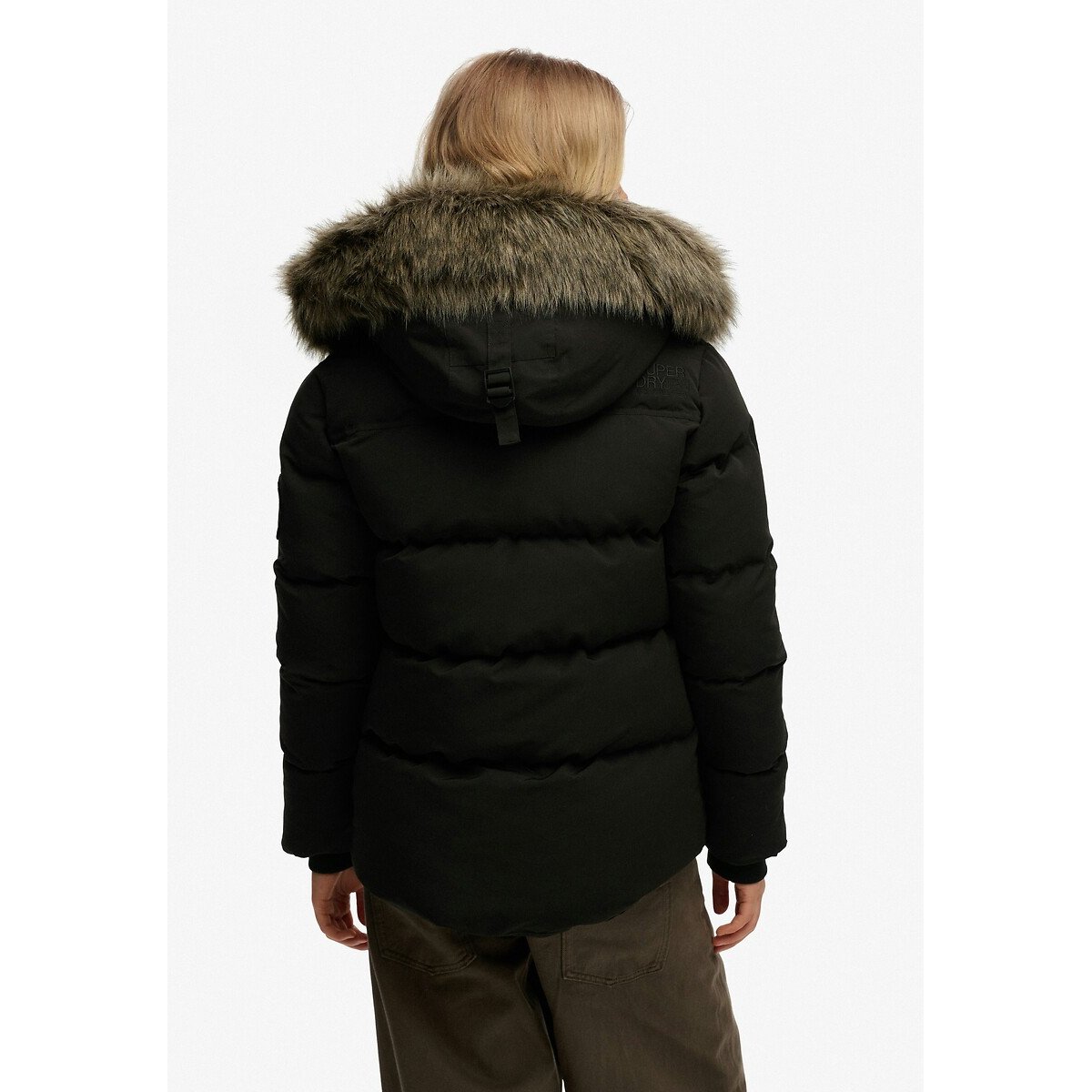 Doudoune courte à capuche en imitation fourrure noir, SUPERDRY