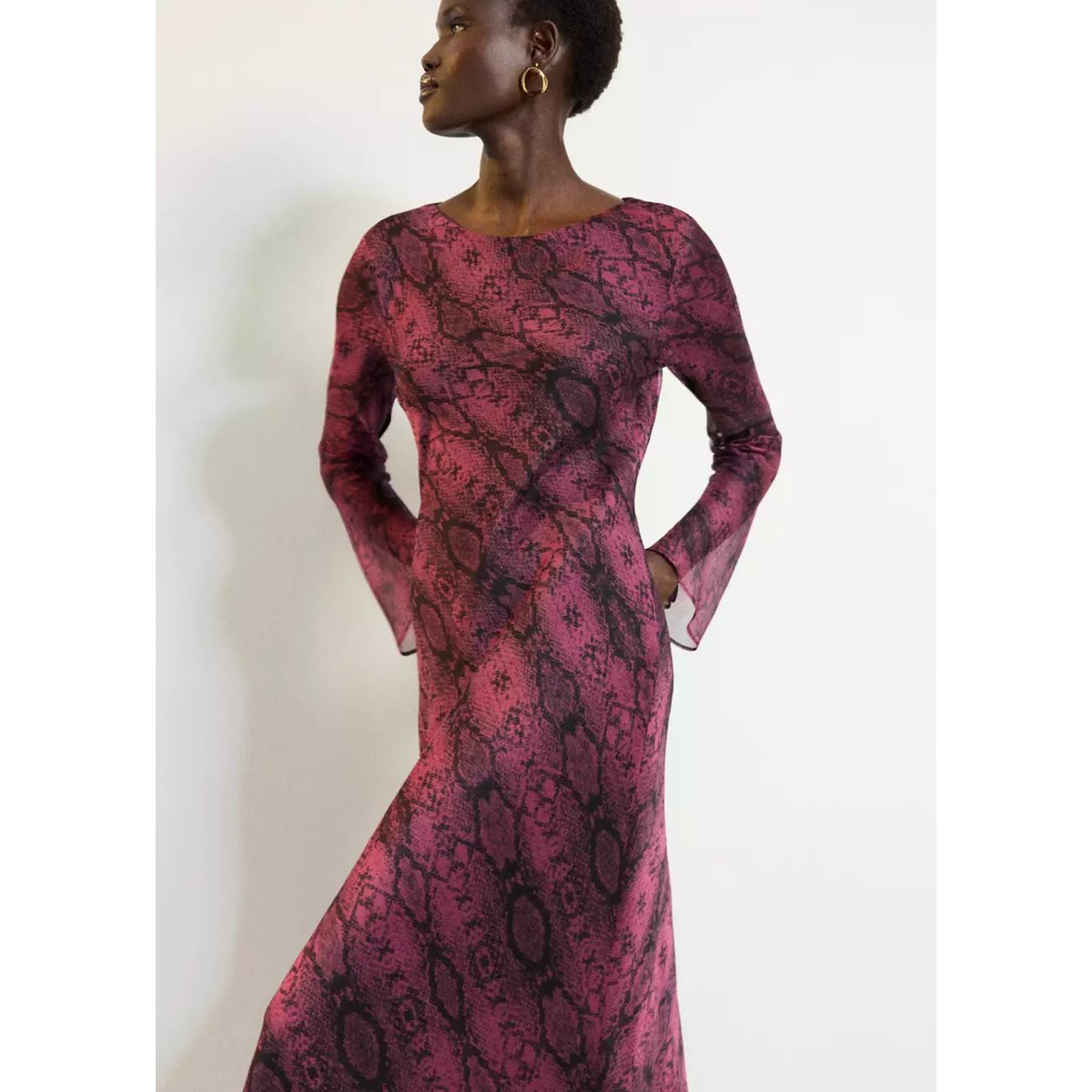 Robe à manches évasées imprimé animal rose, MANGO