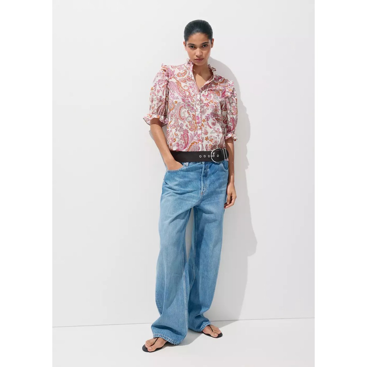 Blouse à volants imprimé paisley blanc cassé, MANGO