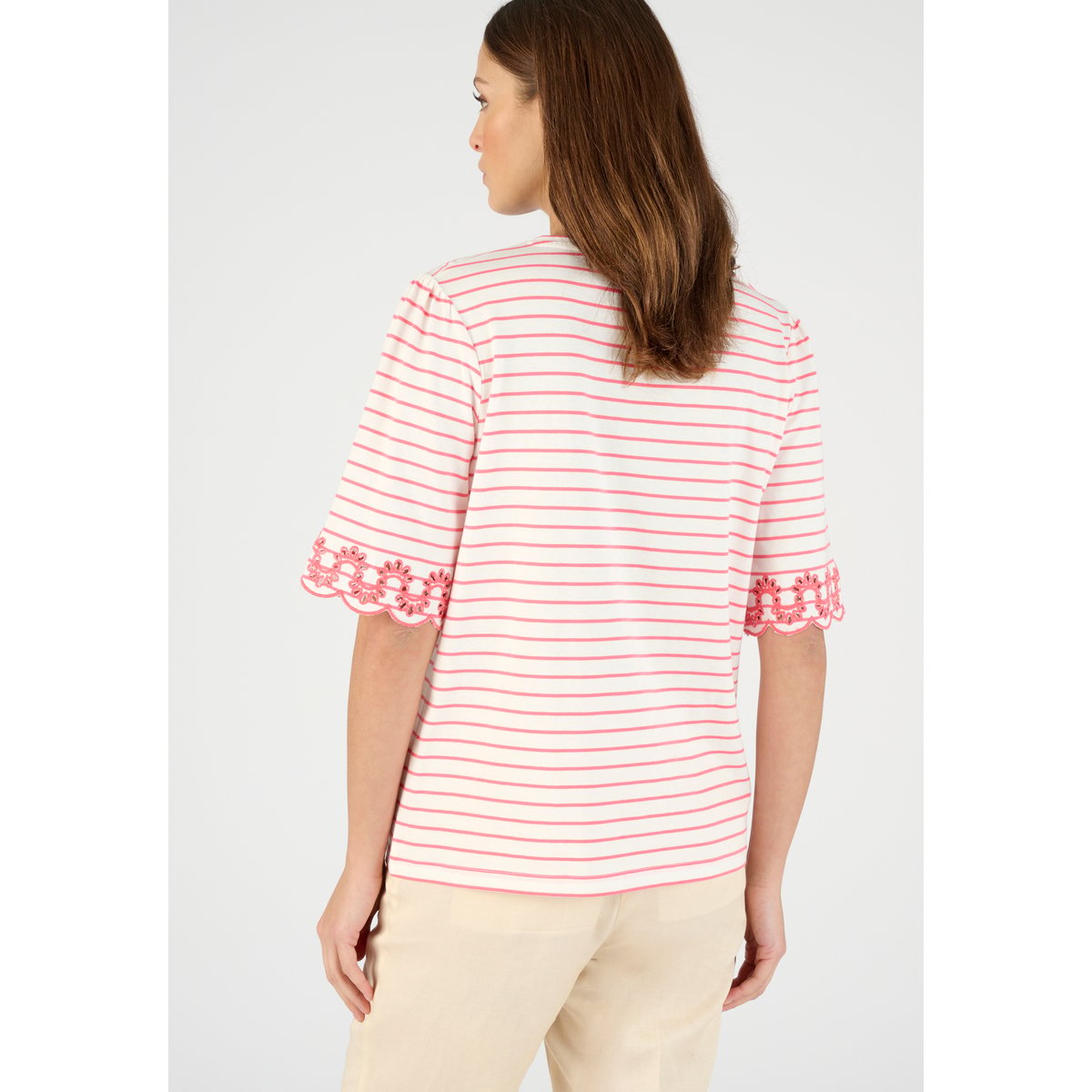 T-shirt imprimé détails brodés rose rouge rayé, DAMART