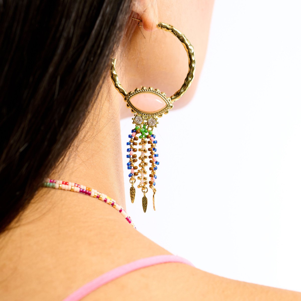 Boucles d'oreilles créoles avec pampilles et perles PEPPER rose, HIPANEMA