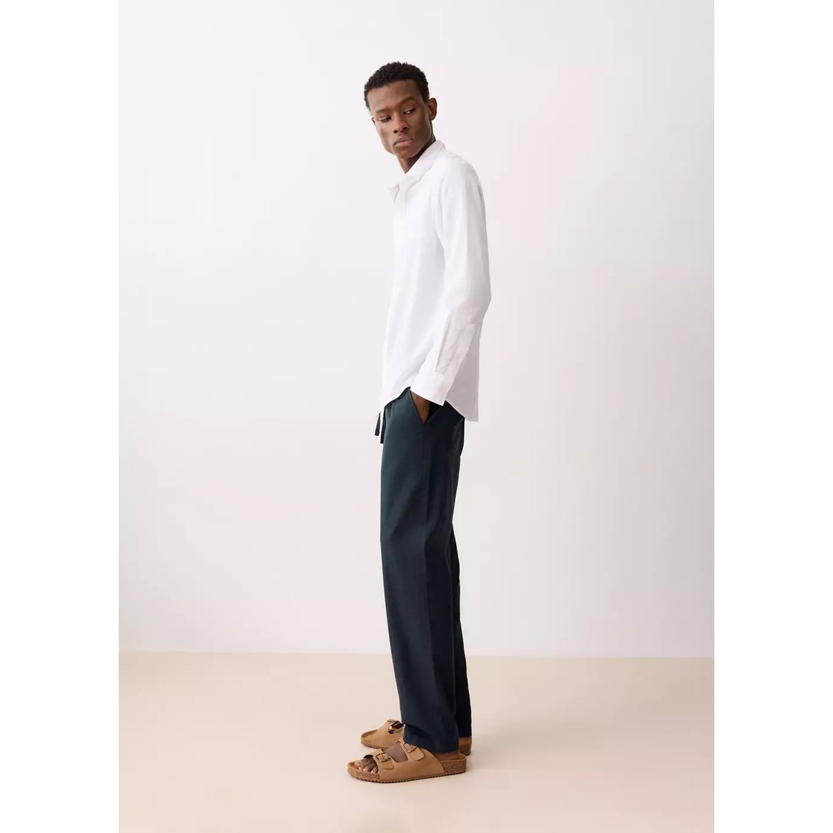 Pantalon coton lin cordon bleu marine, MANGO TEEN