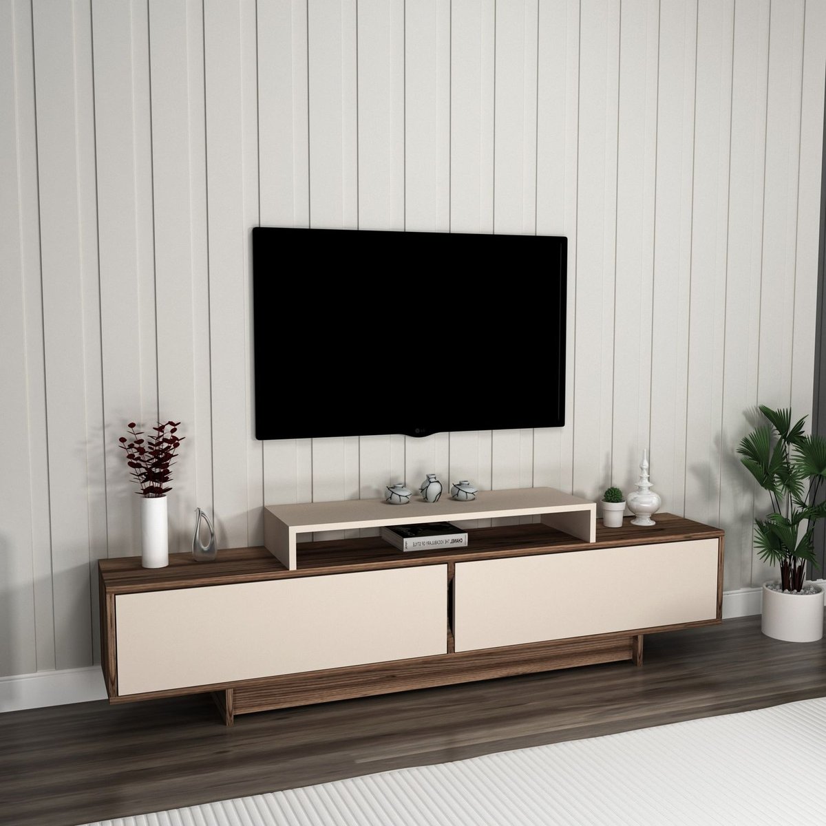 Meuble TV 2 portes basculantes et 1 niche NOELINE beige, TOILINUX