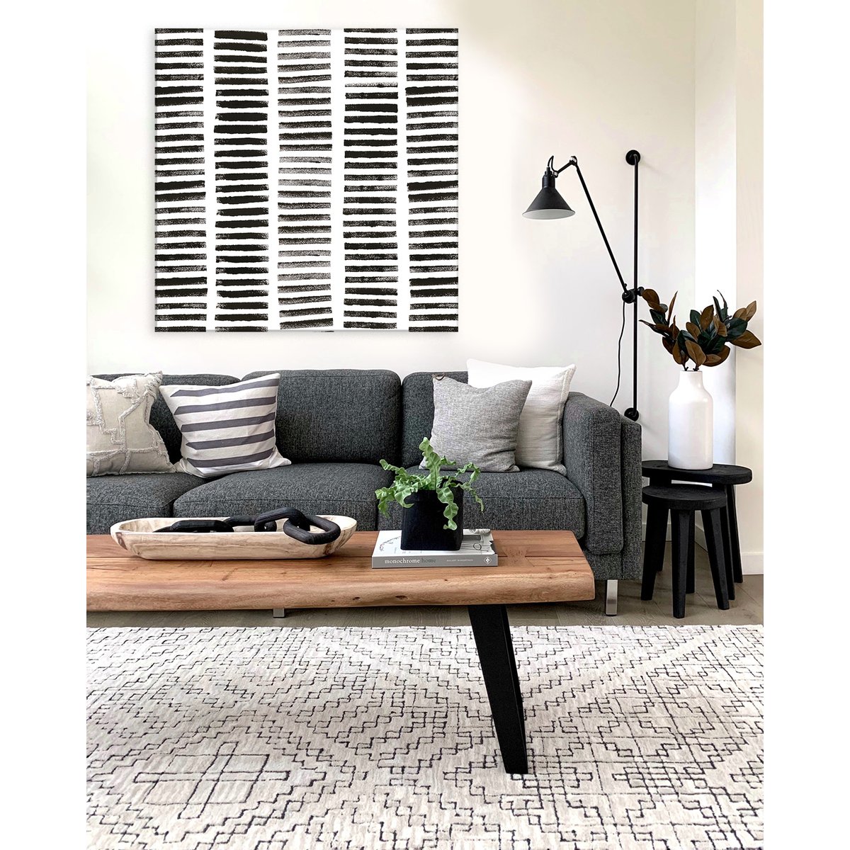 Tableau rondin noir en toile imprimée, 120x120 cm noir, ACTE DECO