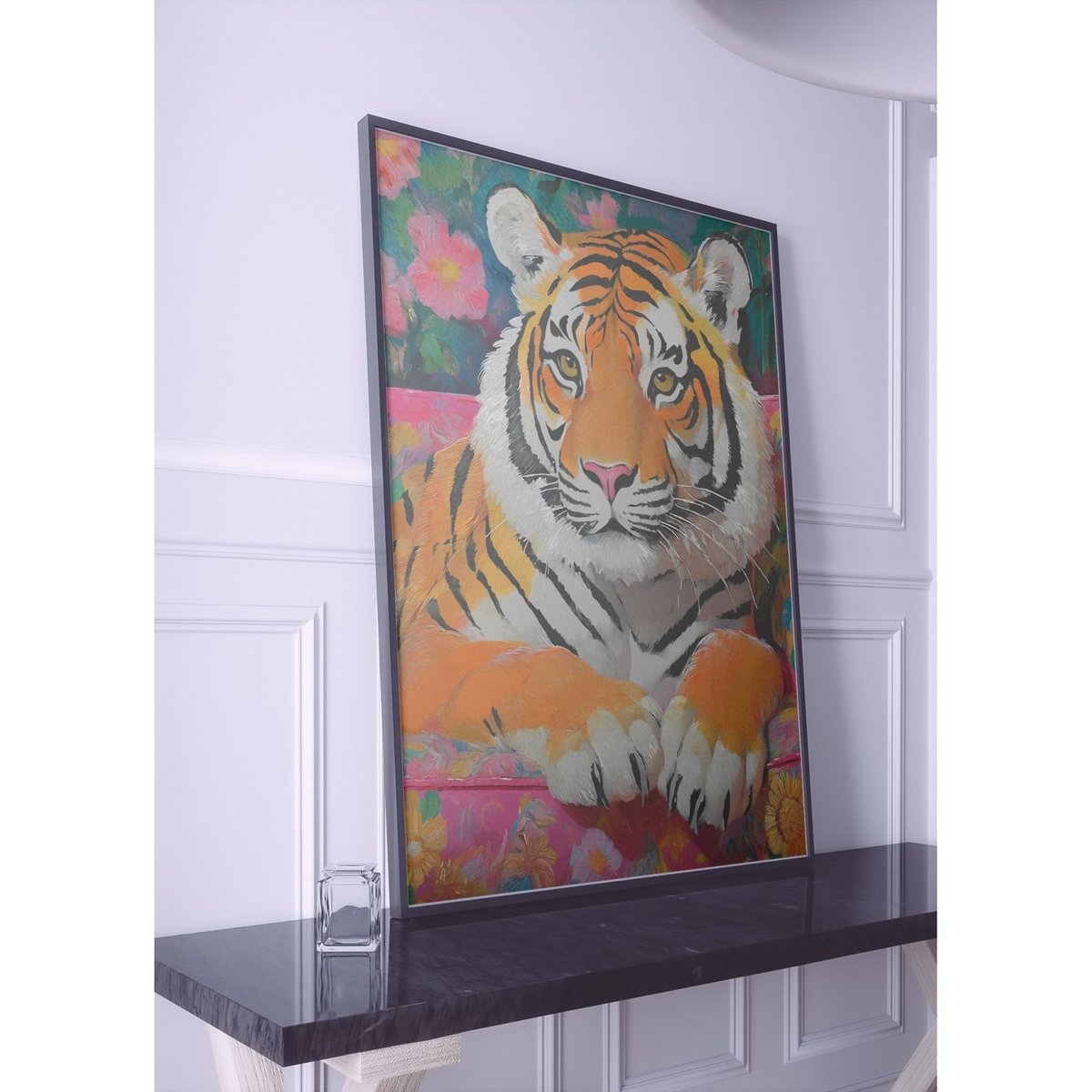 Affiche Tigre canapé fleuri blanc, L'AFFICHERIE