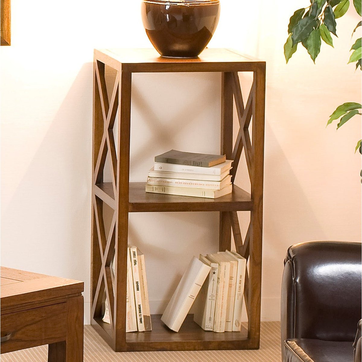 Étagère - meuble d'appoint 2 niveaux 80cm bois verni style exotique LOLA bois naturel, PIER IMPORT