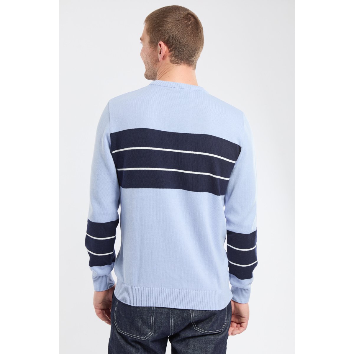 Pull bicolore en coton eventide/marine deep/blanc, GUY DE BERAC
