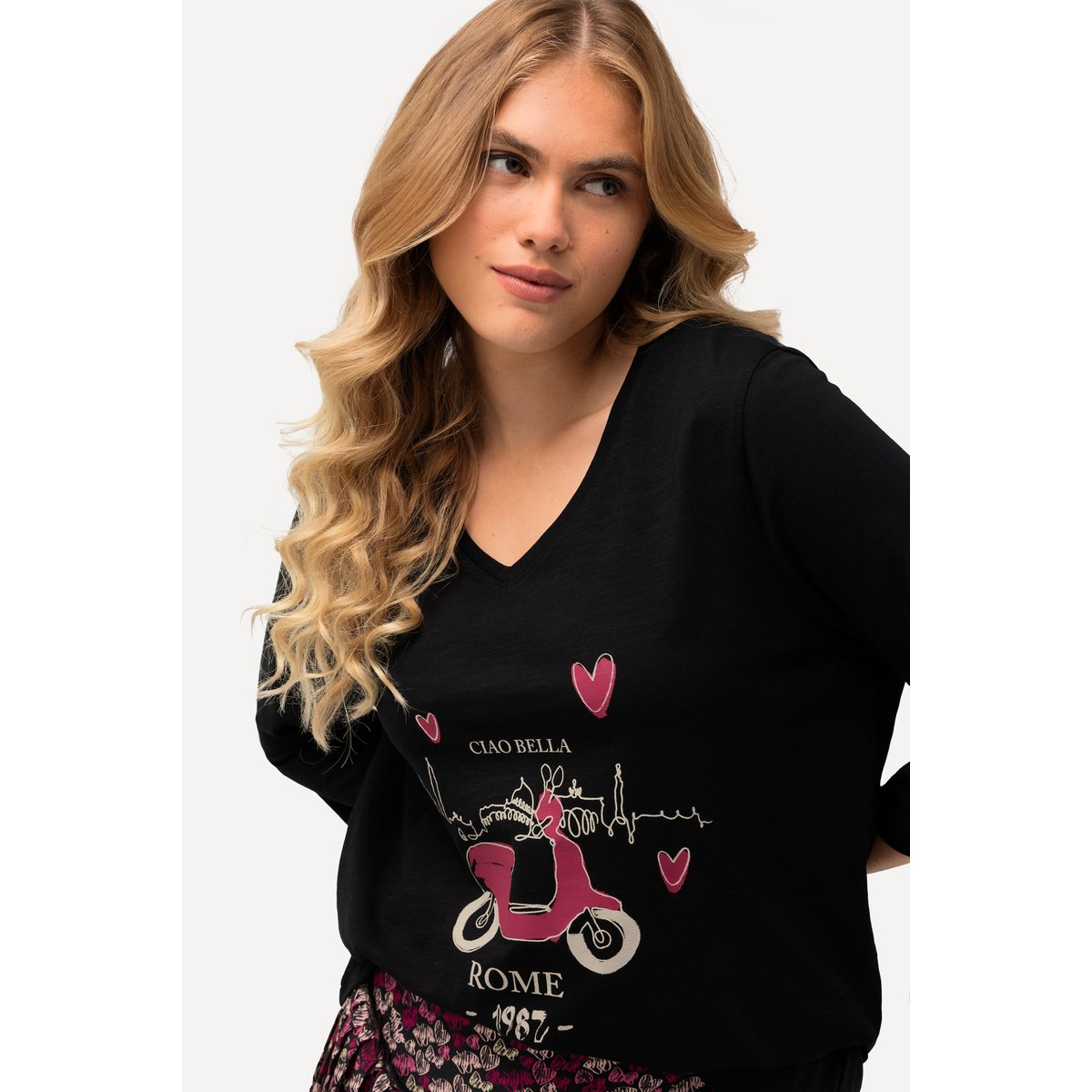 T-shirt Ciao Bella. Manches 3/4 et décolleté noir, ULLA POPKEN