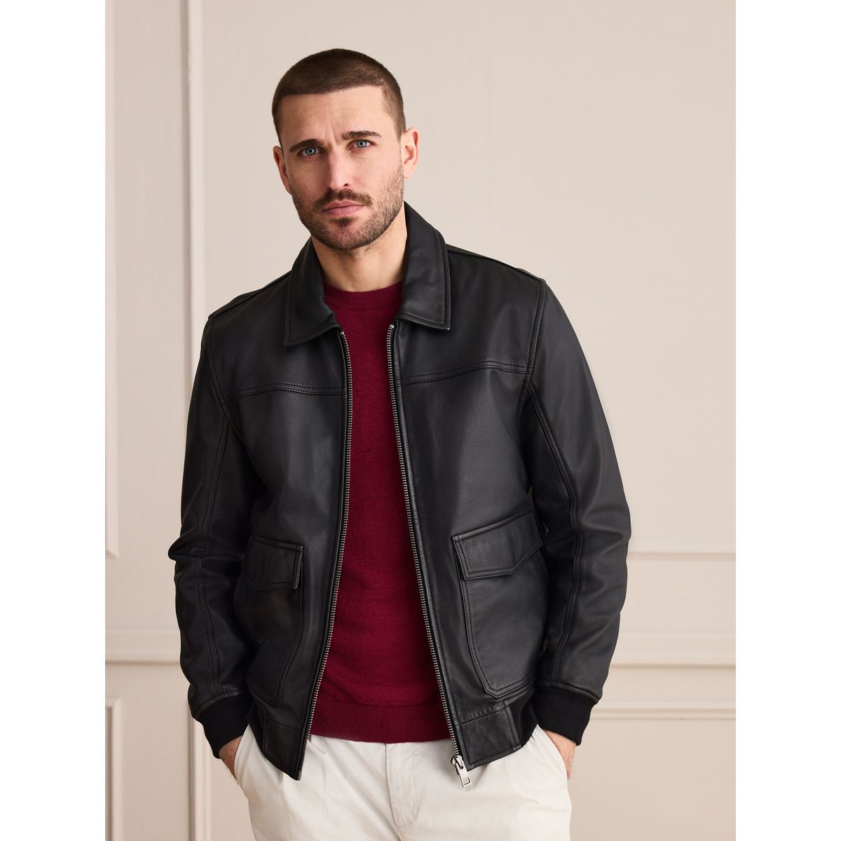 Veste en cuir avec poches plaquées signature noir, NEXT